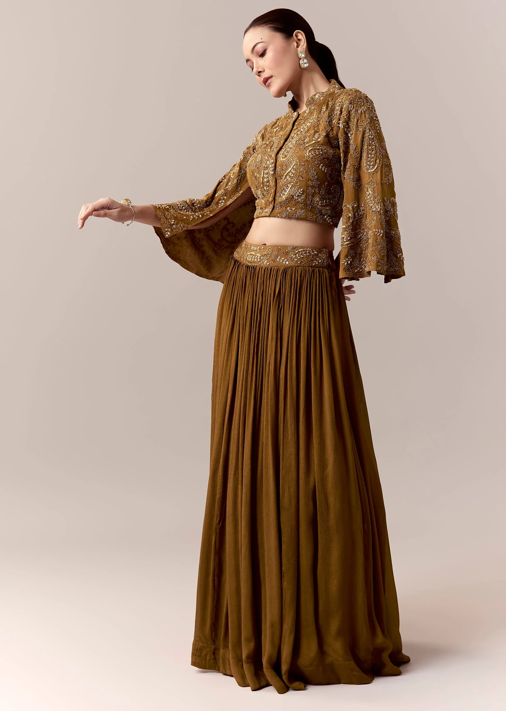 Ochre Yellow Crop Top Skirt Indo Western With Cut Dana Sequins Work