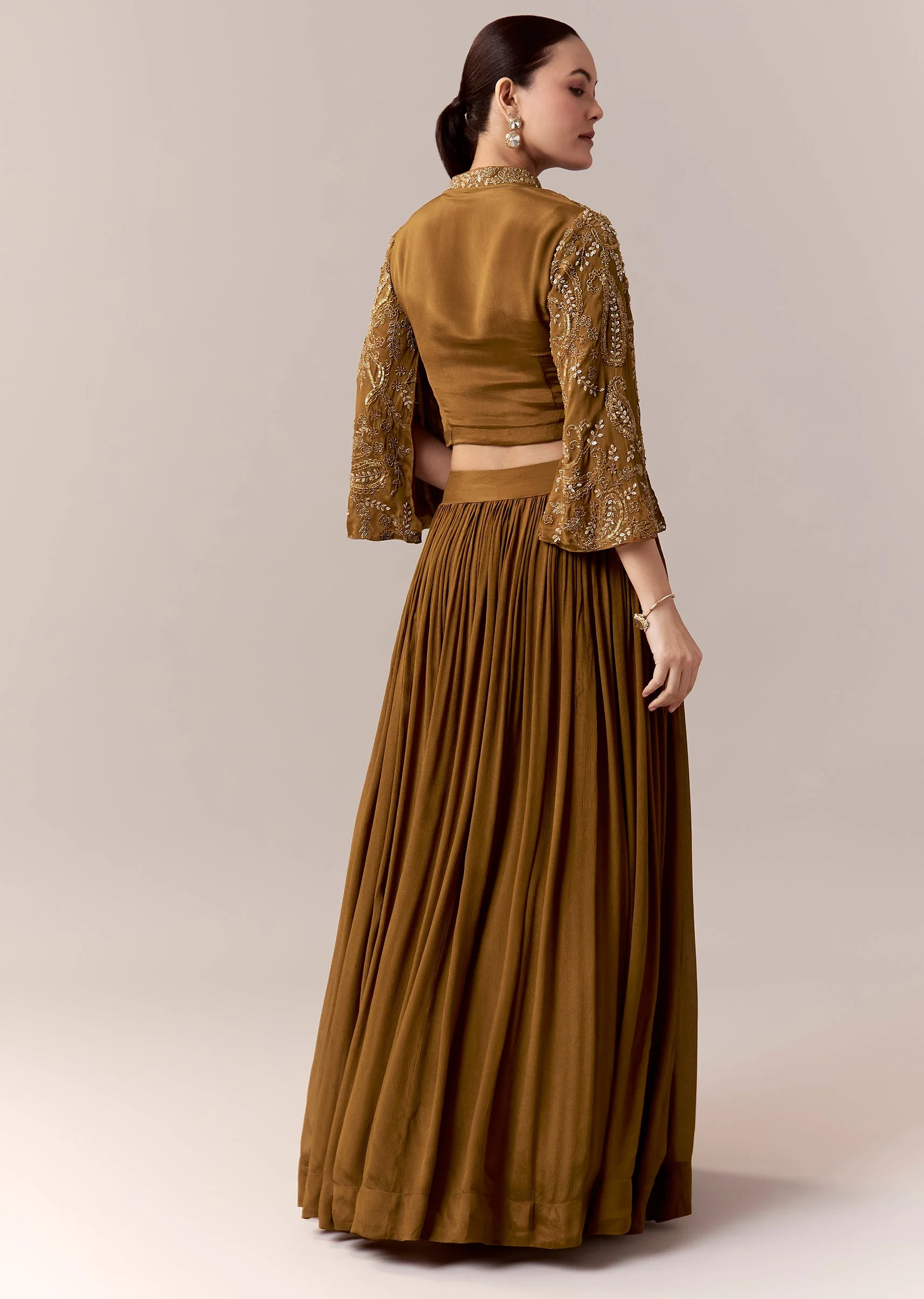 Ochre Yellow Crop Top Skirt Indo Western With Cut Dana Sequins Work - Image 5