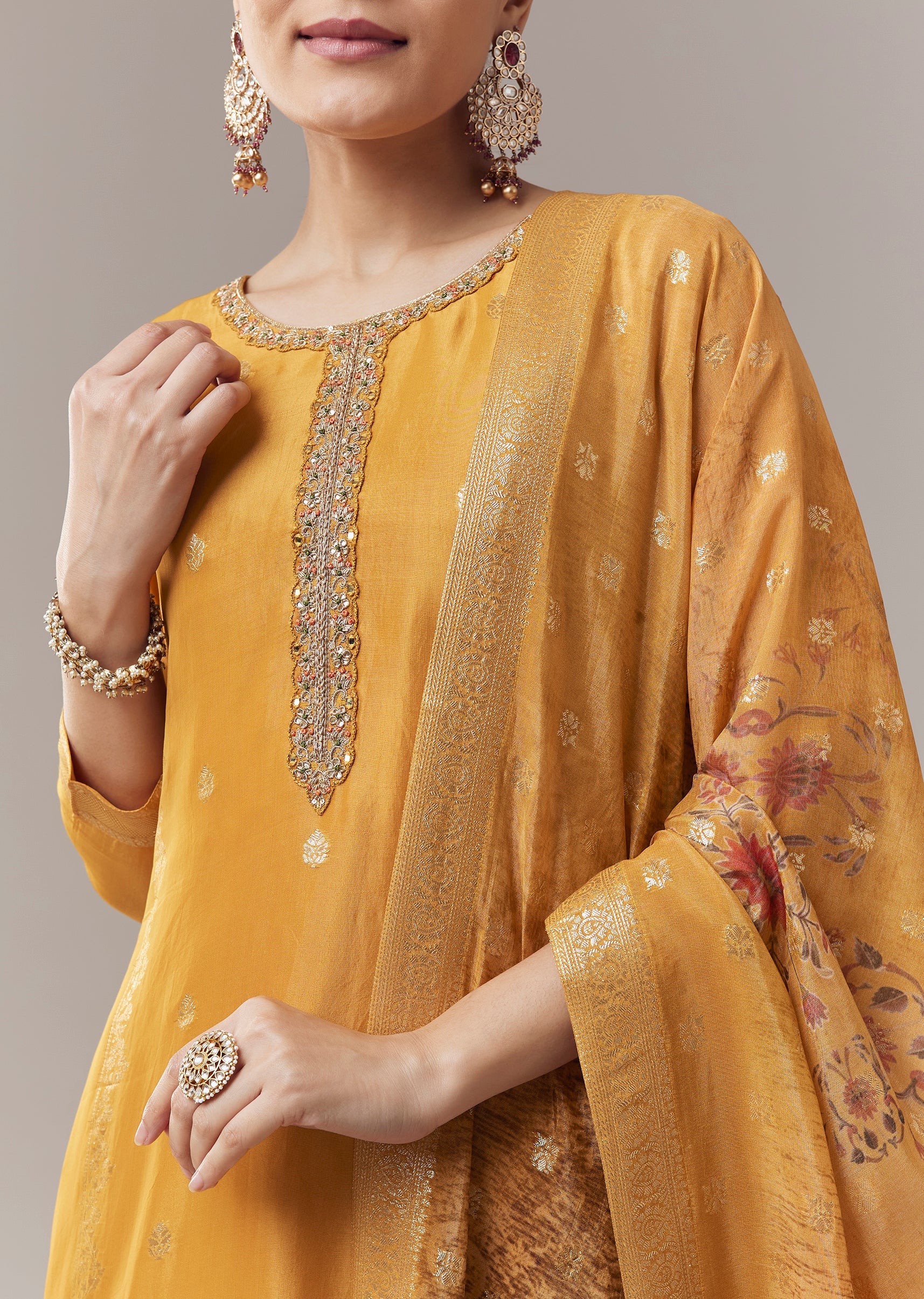Ochre Yellow Kurta Set With Banarasi Organza Weave And Dupatta - Image 2