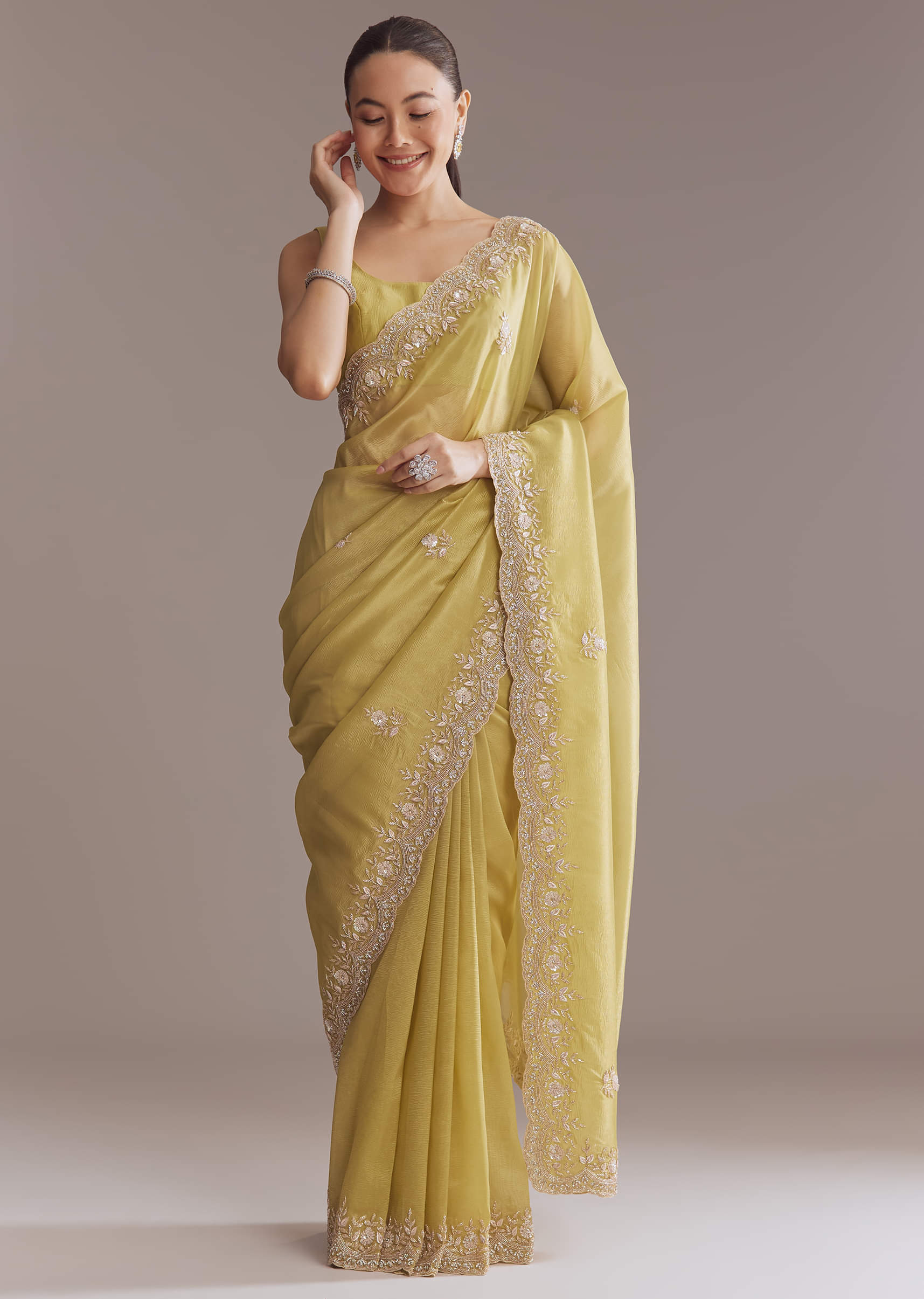 Ochre Yellow Tissue Saree With Zardosi And Stone Embroidery - Image 10