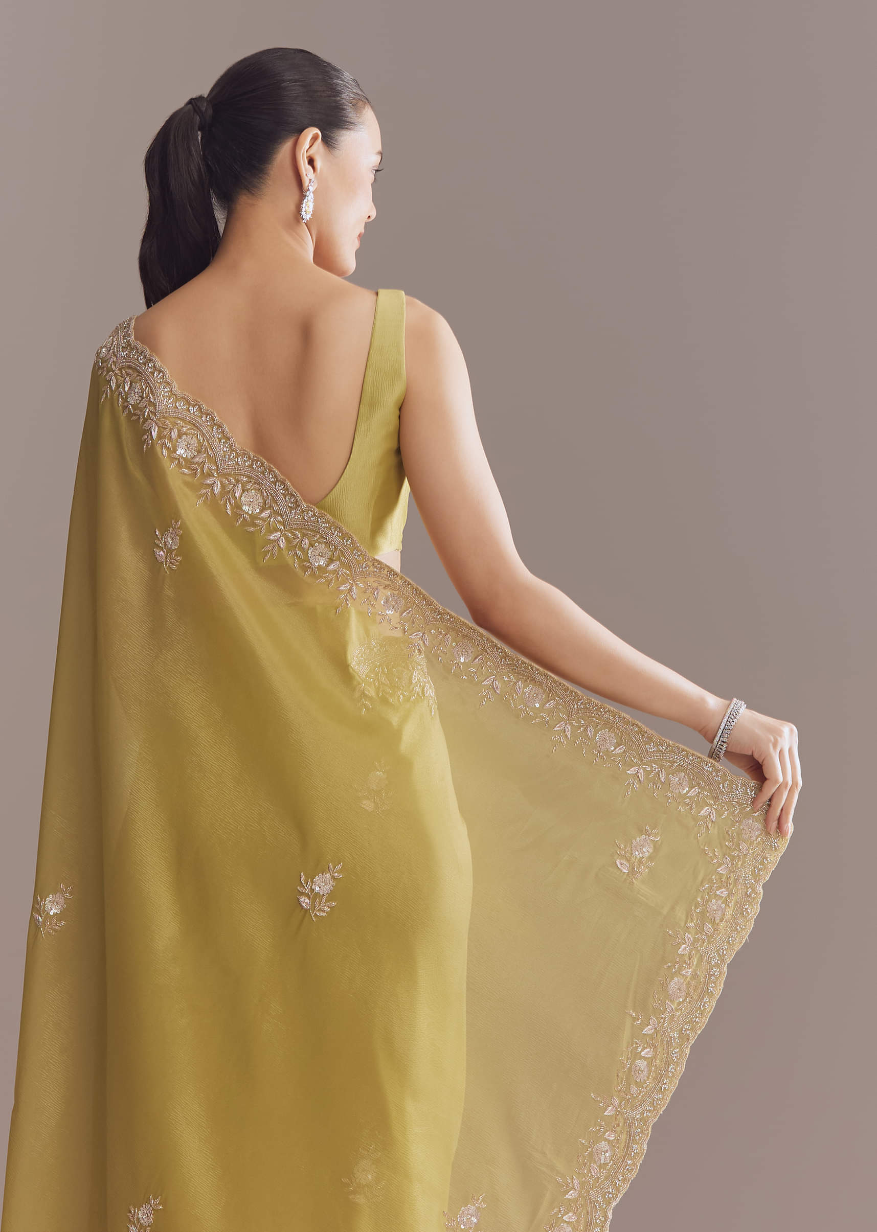 Ochre Yellow Tissue Saree With Zardosi And Stone Embroidery - Image 5