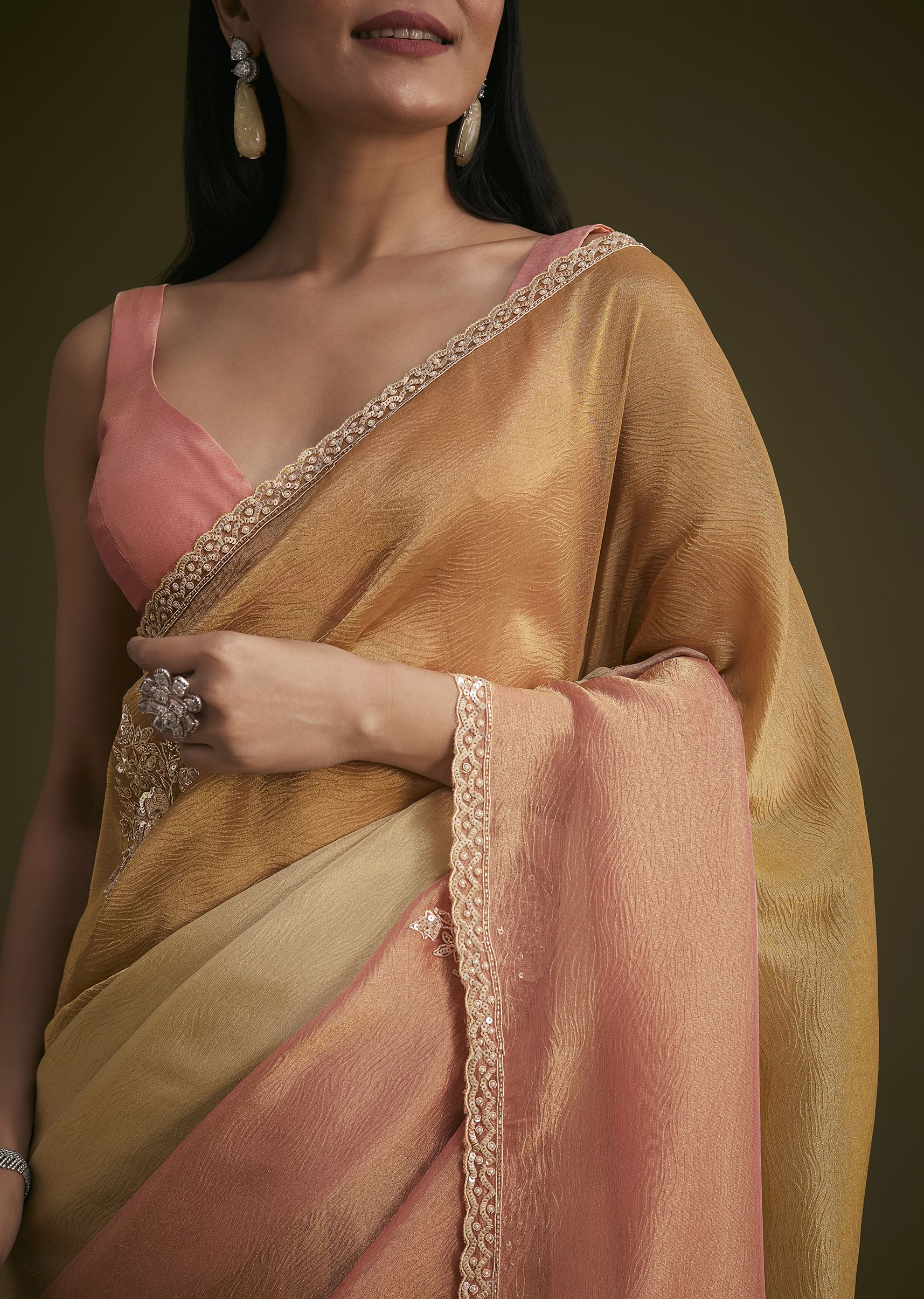 Ochre Yellow Triple Tone Tissue Saree - Image 5
