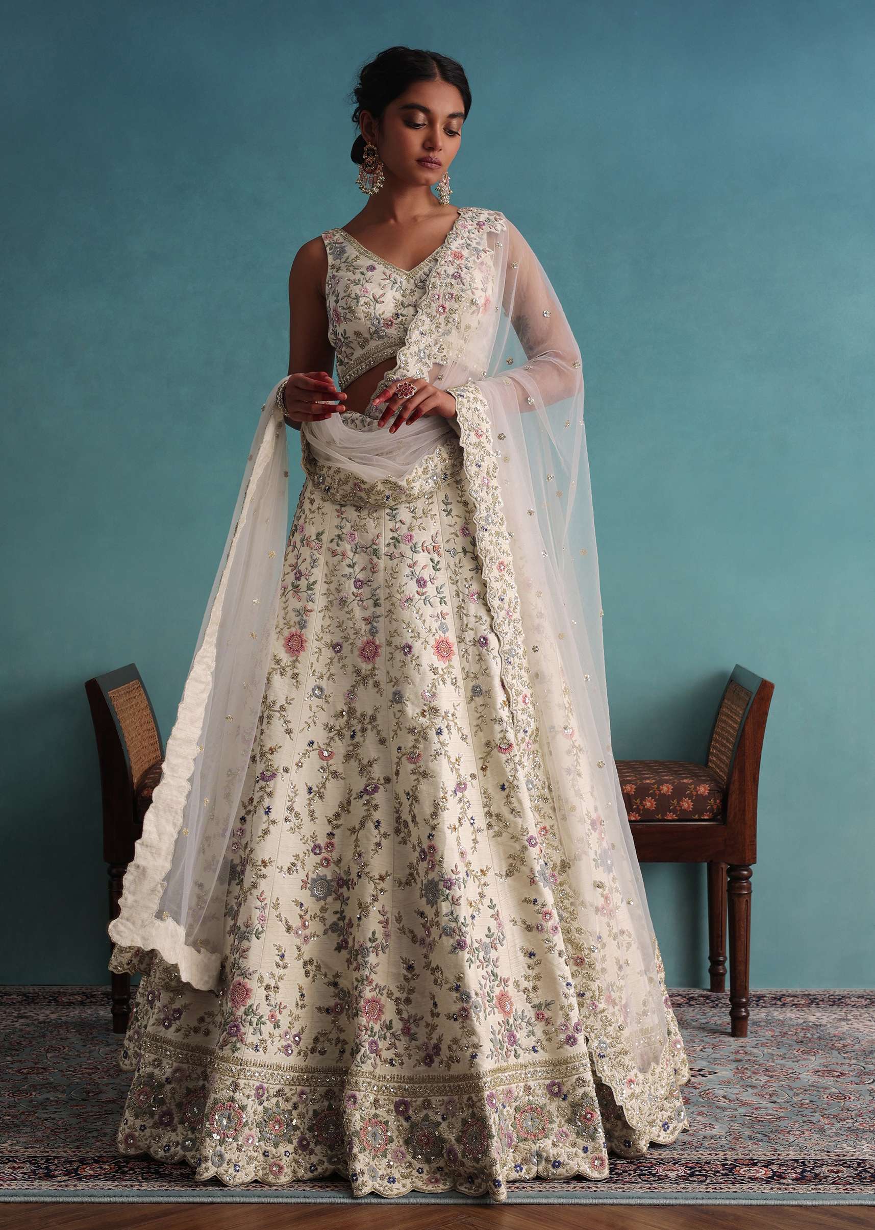 Off White 12 Kali Bridal Embroidered Lehenga In Raw Silk With Floral Handwork - Image 3