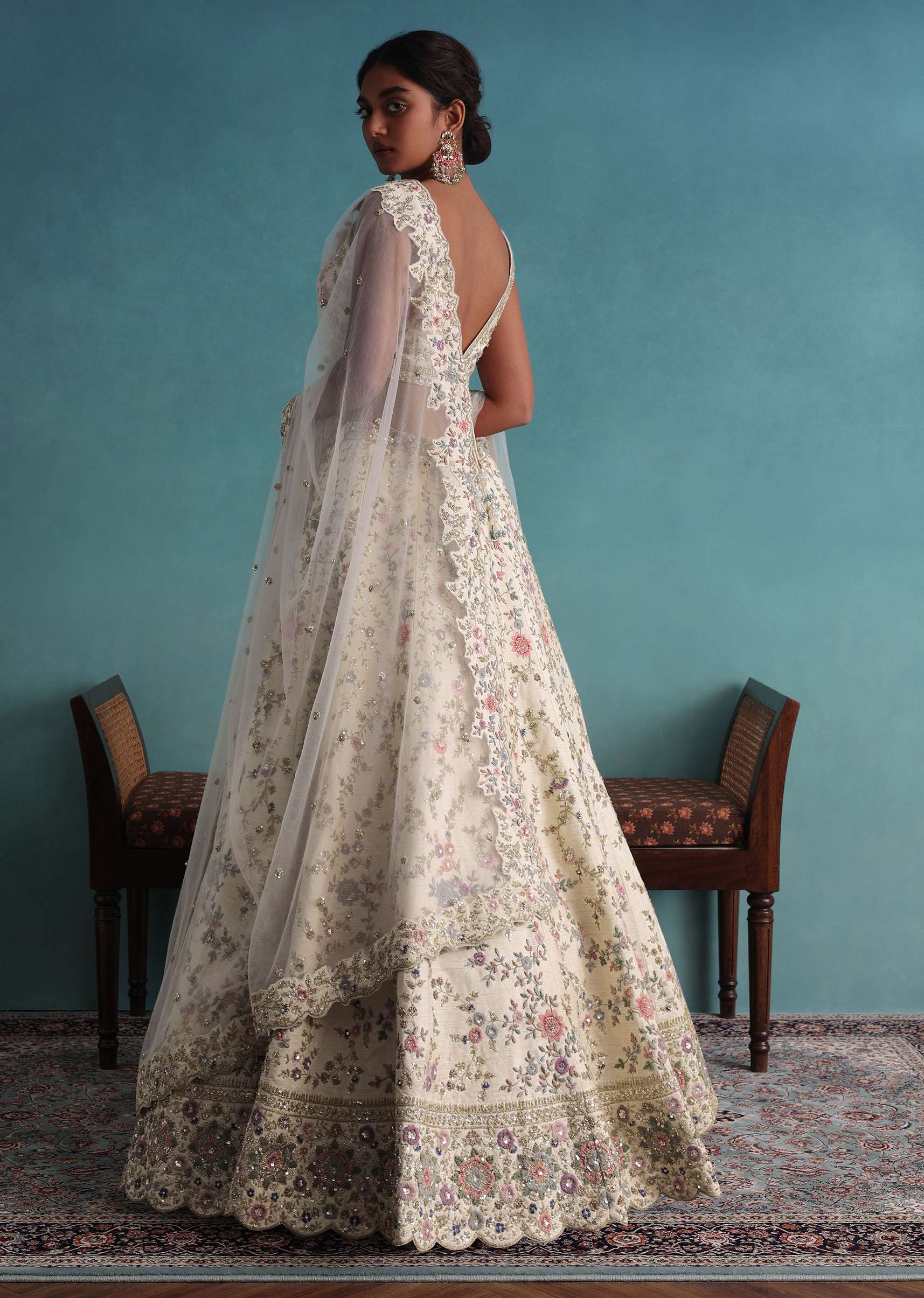 Off White 12 Kali Bridal Embroidered Lehenga In Raw Silk With Floral Handwork - Image 5
