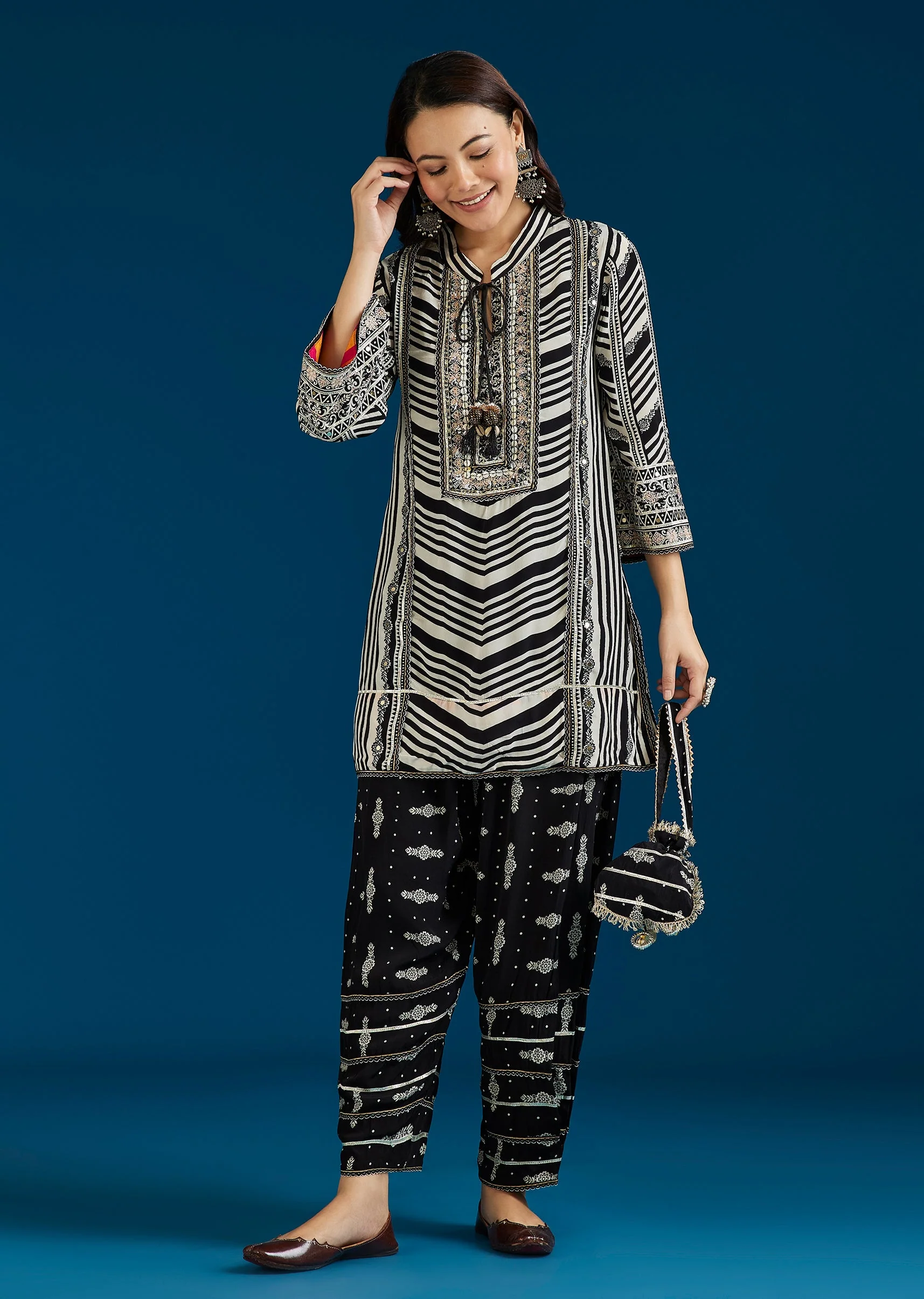 Off White And Black Striped Coord Set With Farshi Pant And Potli Bag - Image 3