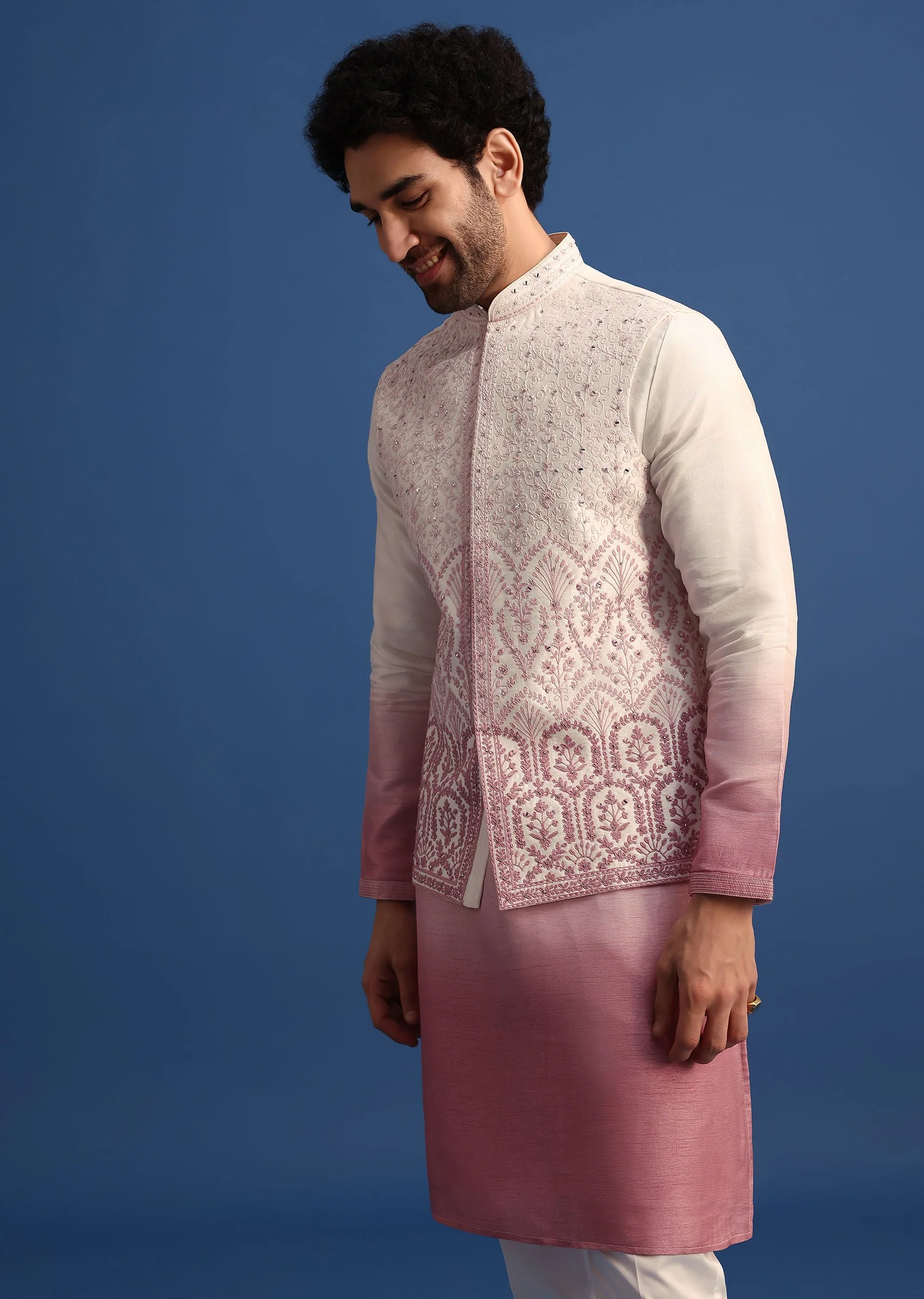 Off White And Pink Ombre Kurta Set With Mirror Work Jacket - Image 2