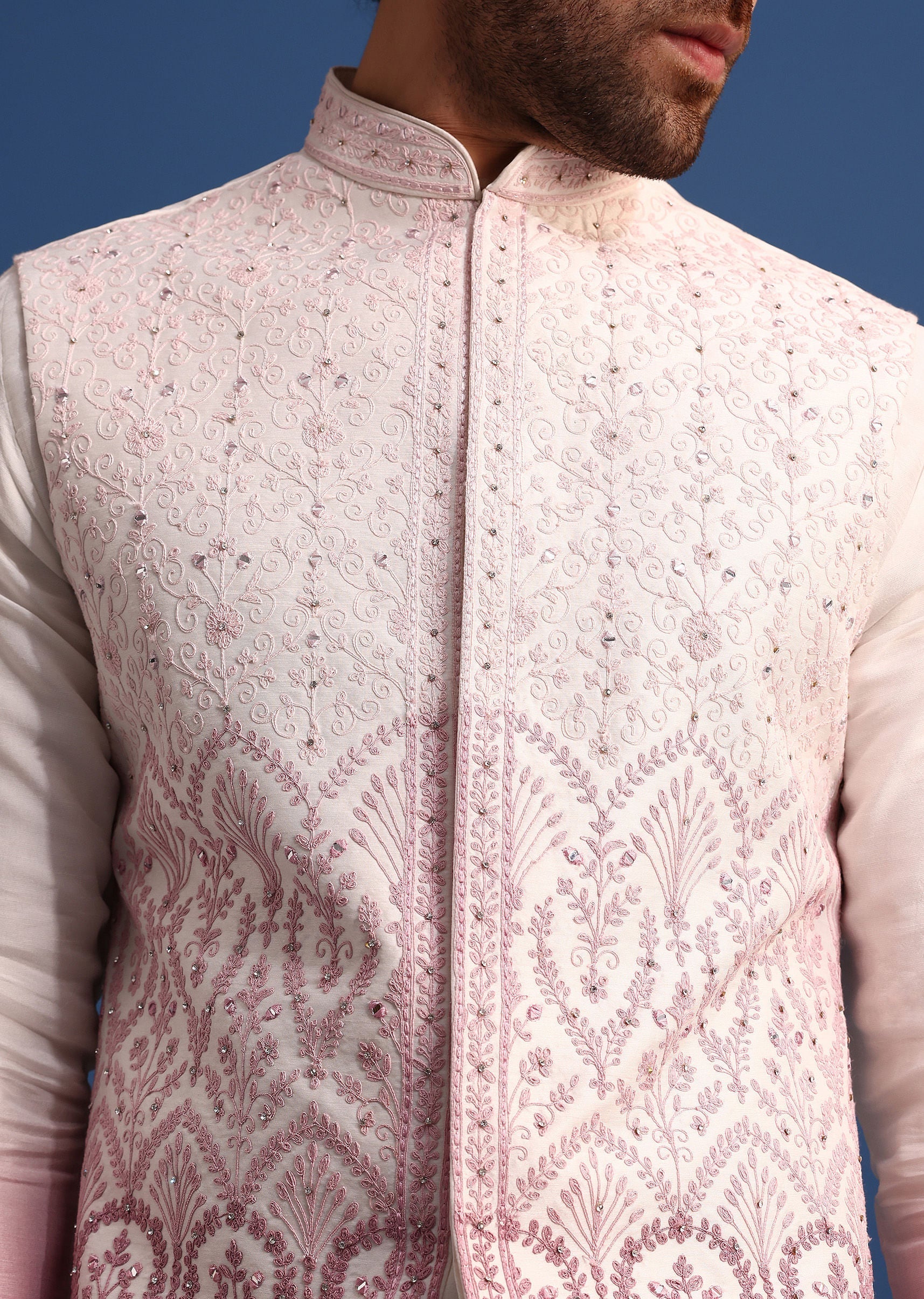 Off White And Pink Ombre Kurta Set With Mirror Work Jacket - Image 4