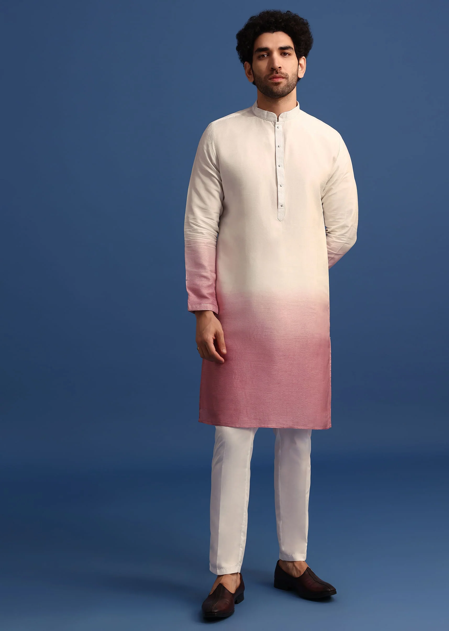Off White And Pink Ombre Kurta Set With Mirror Work Jacket - Image 6