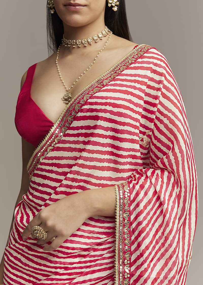 Off White And Red Striped Chinnon Saree With Gota Work - Image 2
