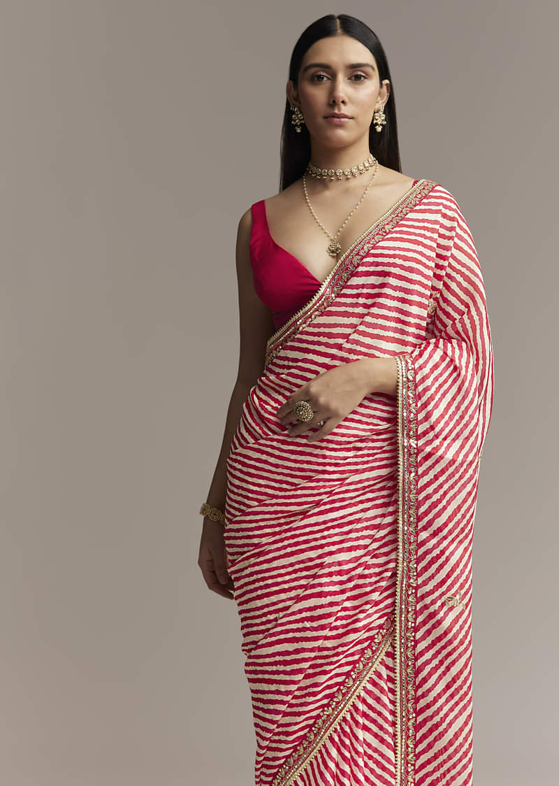 Off White And Red Striped Chinnon Saree With Gota Work - Image 5