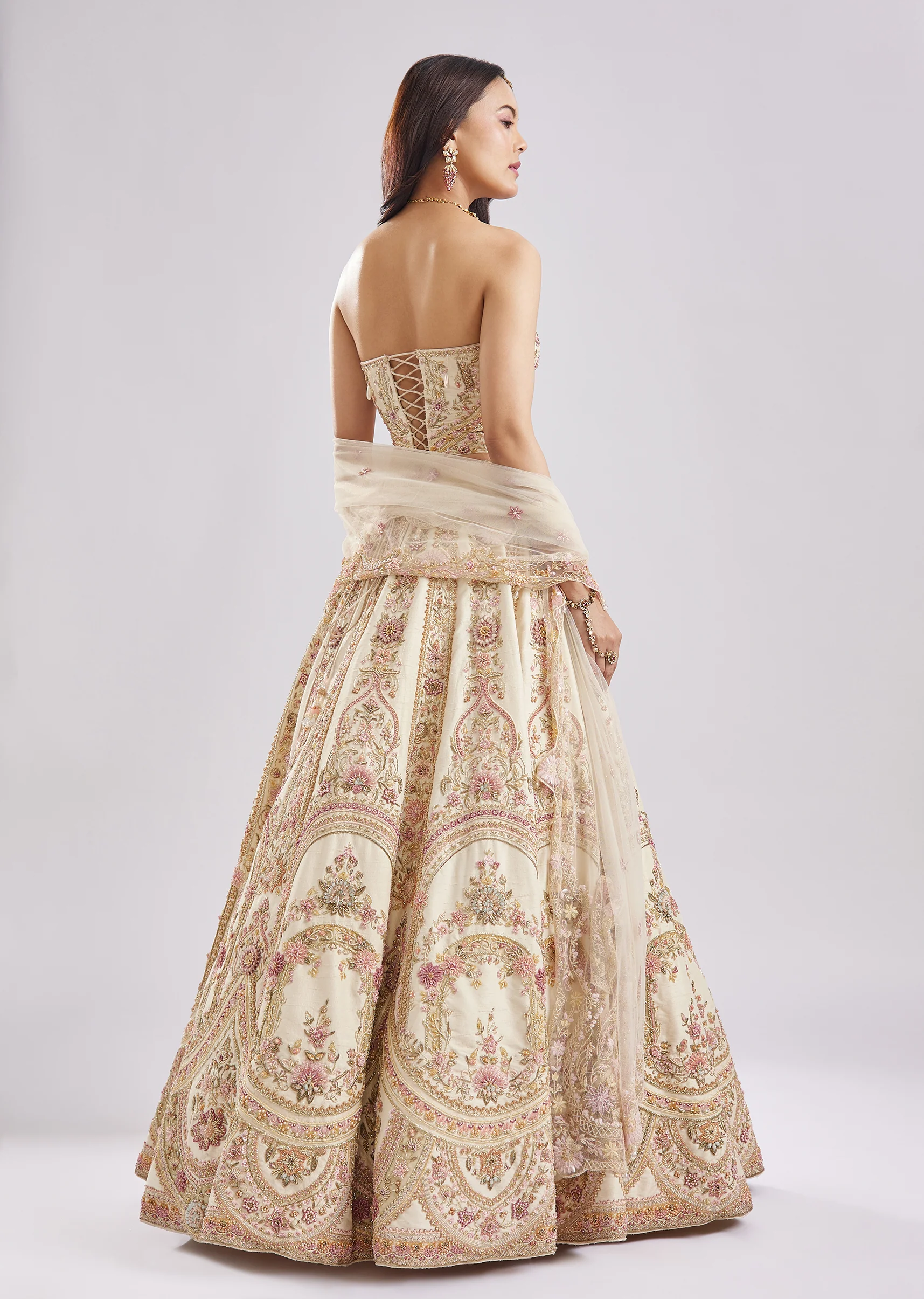 Off White Antique Embroidered Bridal Lehenga Set - Image 6