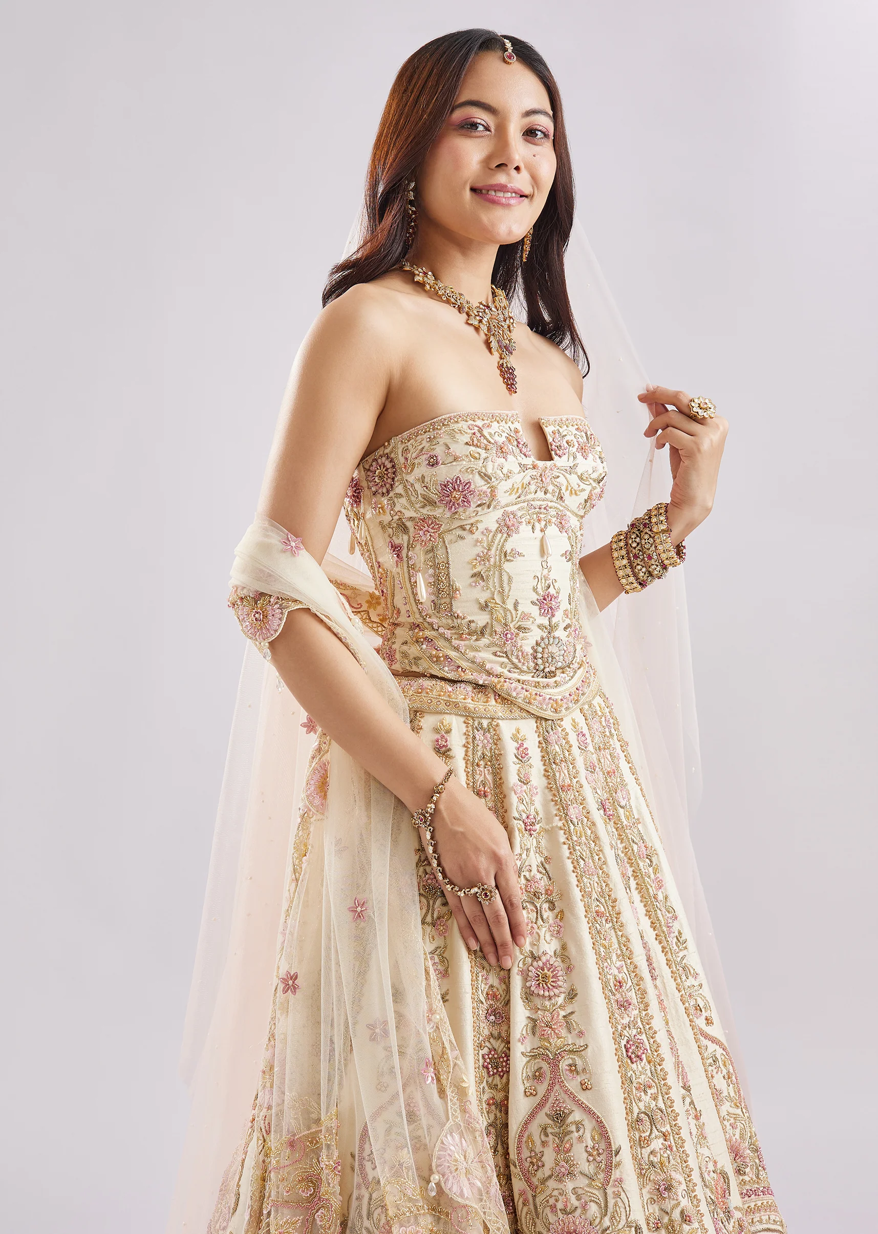 Off White Antique Embroidered Bridal Lehenga Set - Image 7