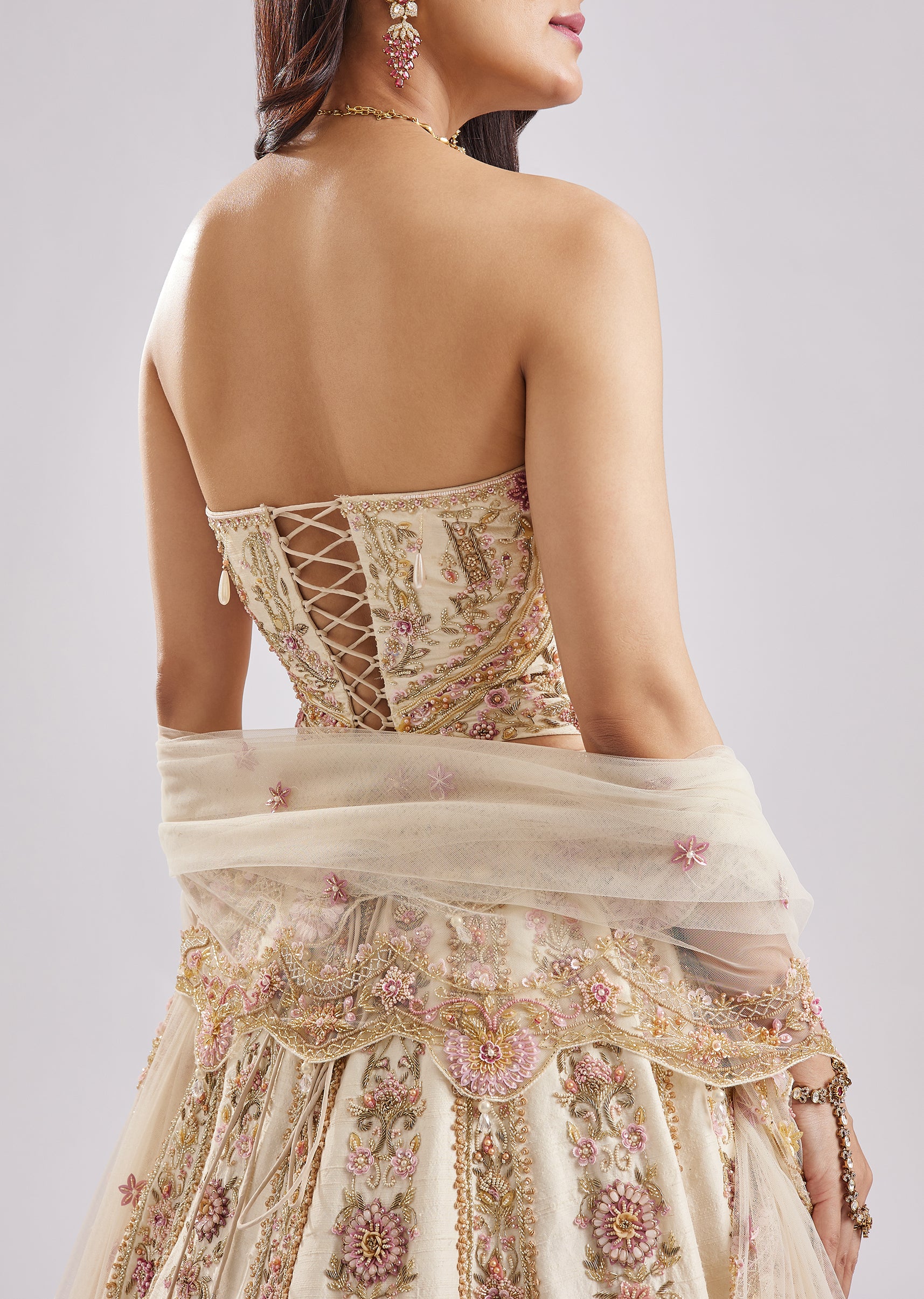Off White Antique Embroidered Bridal Lehenga Set - Image 8