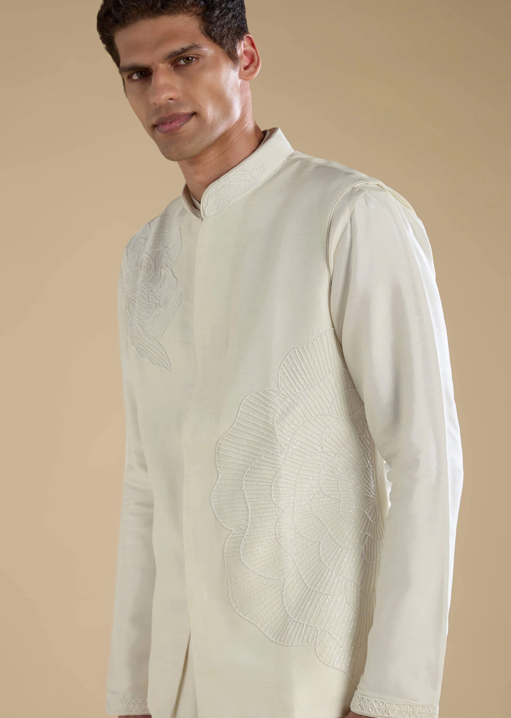 Off White Banarasi Silk Jacket Kurta Set with Cutdana Work - Image 2