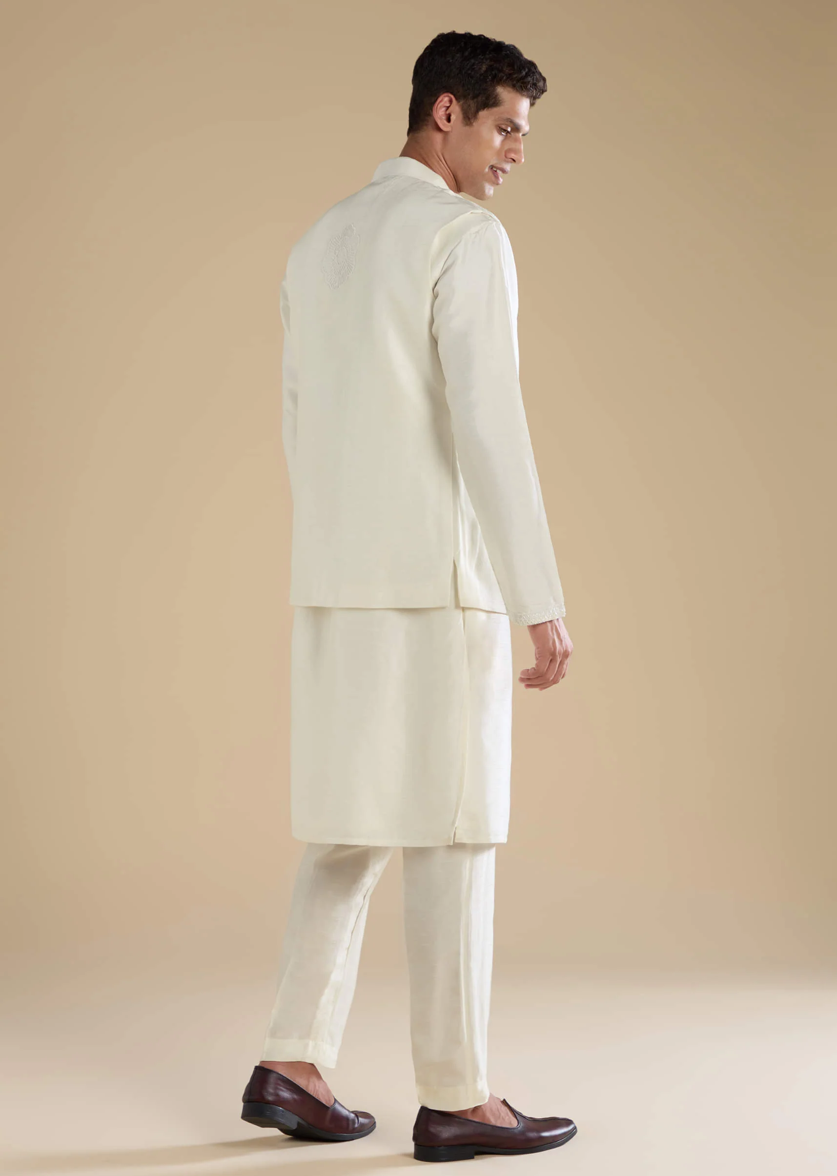 Off White Banarasi Silk Jacket Kurta Set with Cutdana Work - Image 5