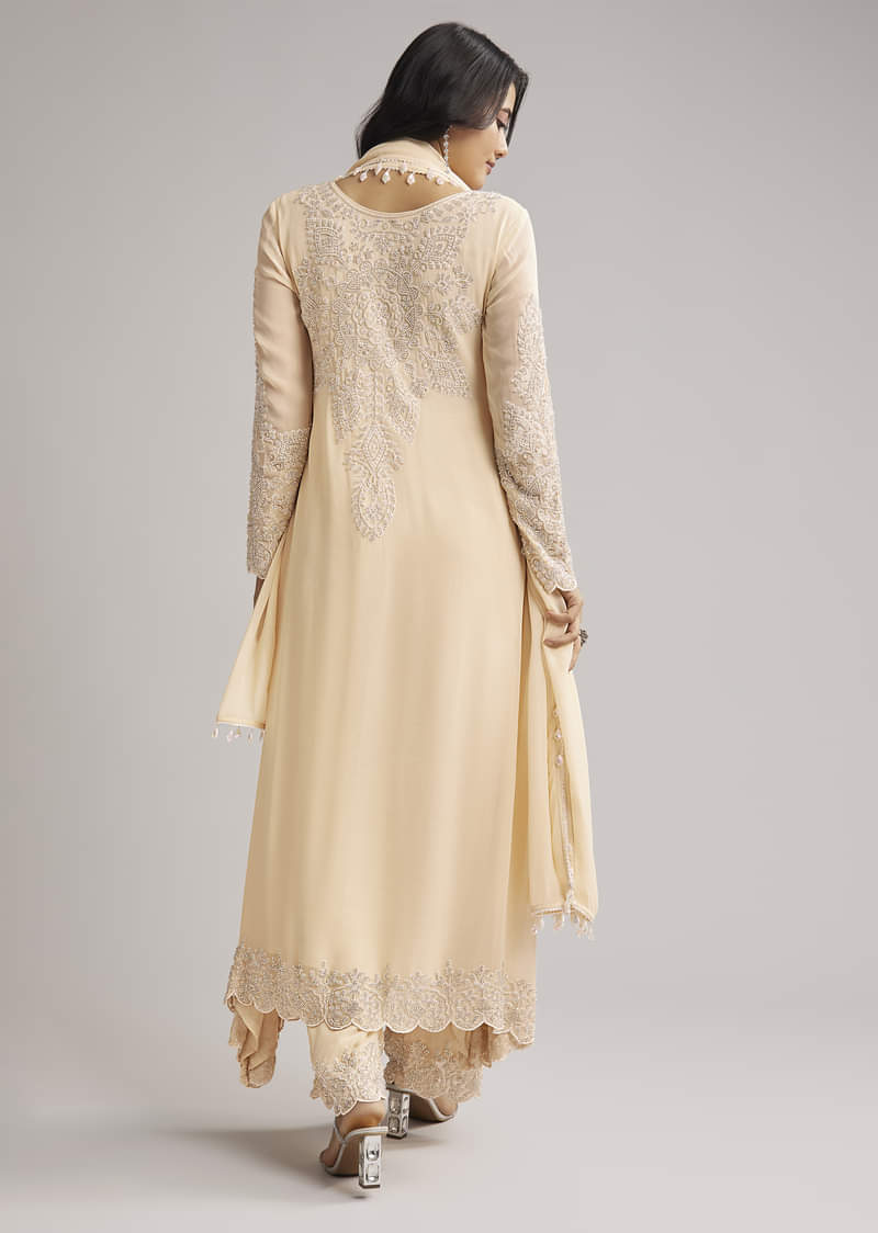 Off White Beaded Kurti Pant Set With Dupatta - Image 5