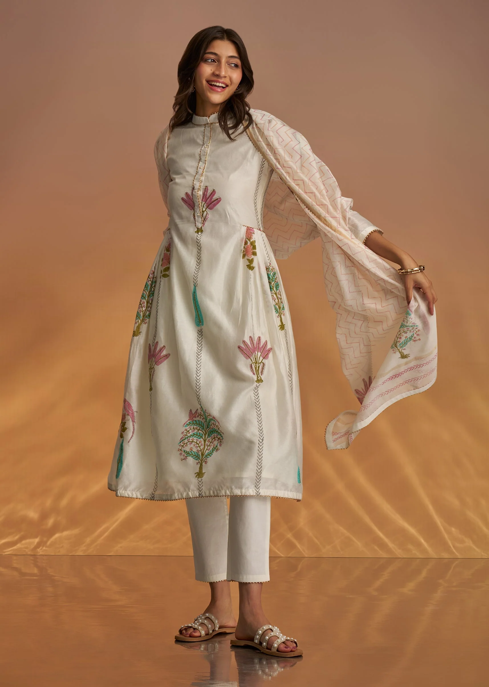 Off White Block Print Anarkali With Gotta Lace Neckline And Dupatta - Image 6