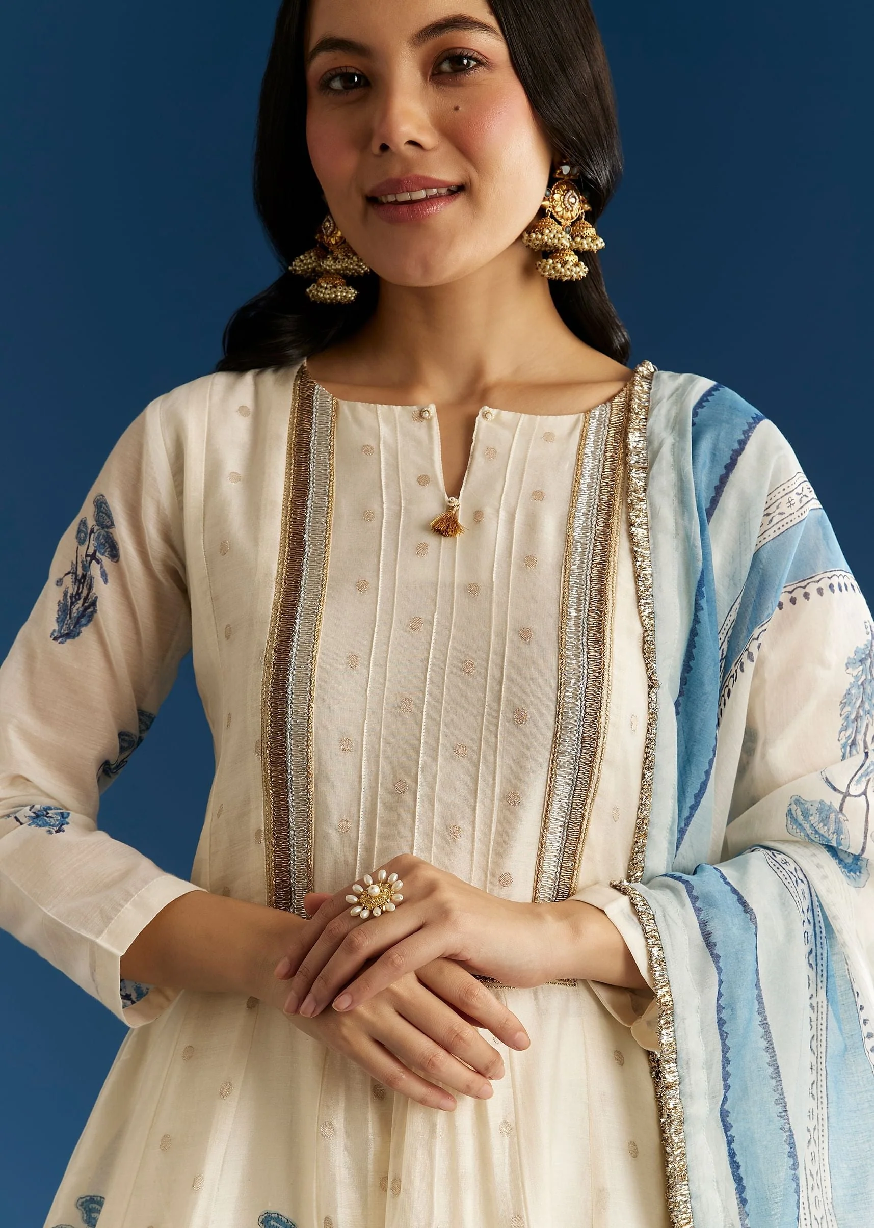 Off White Block Print Anarkali With Zardosi Yoke And Block Print Dupatta - Image 2