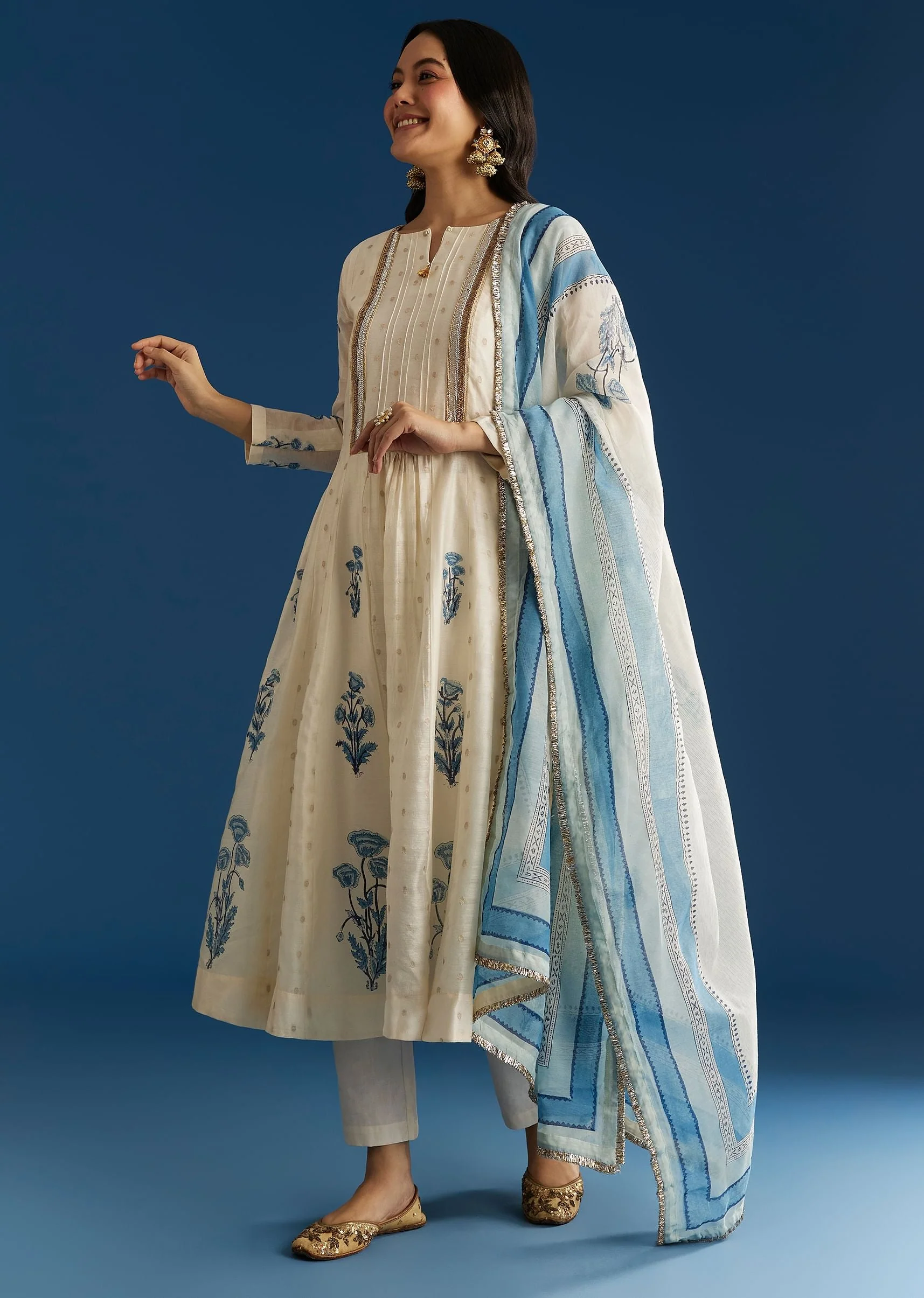 Off White Block Print Anarkali With Zardosi Yoke And Block Print Dupatta - Image 3