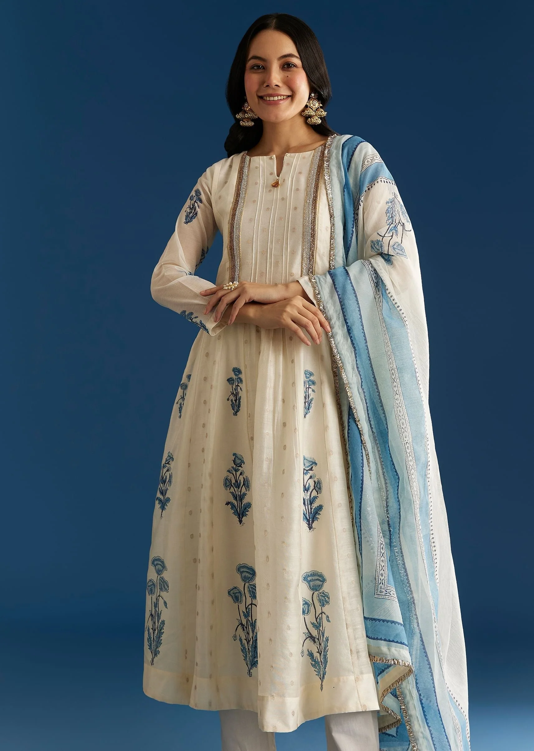 Off White Block Print Anarkali With Zardosi Yoke And Block Print Dupatta - Image 4