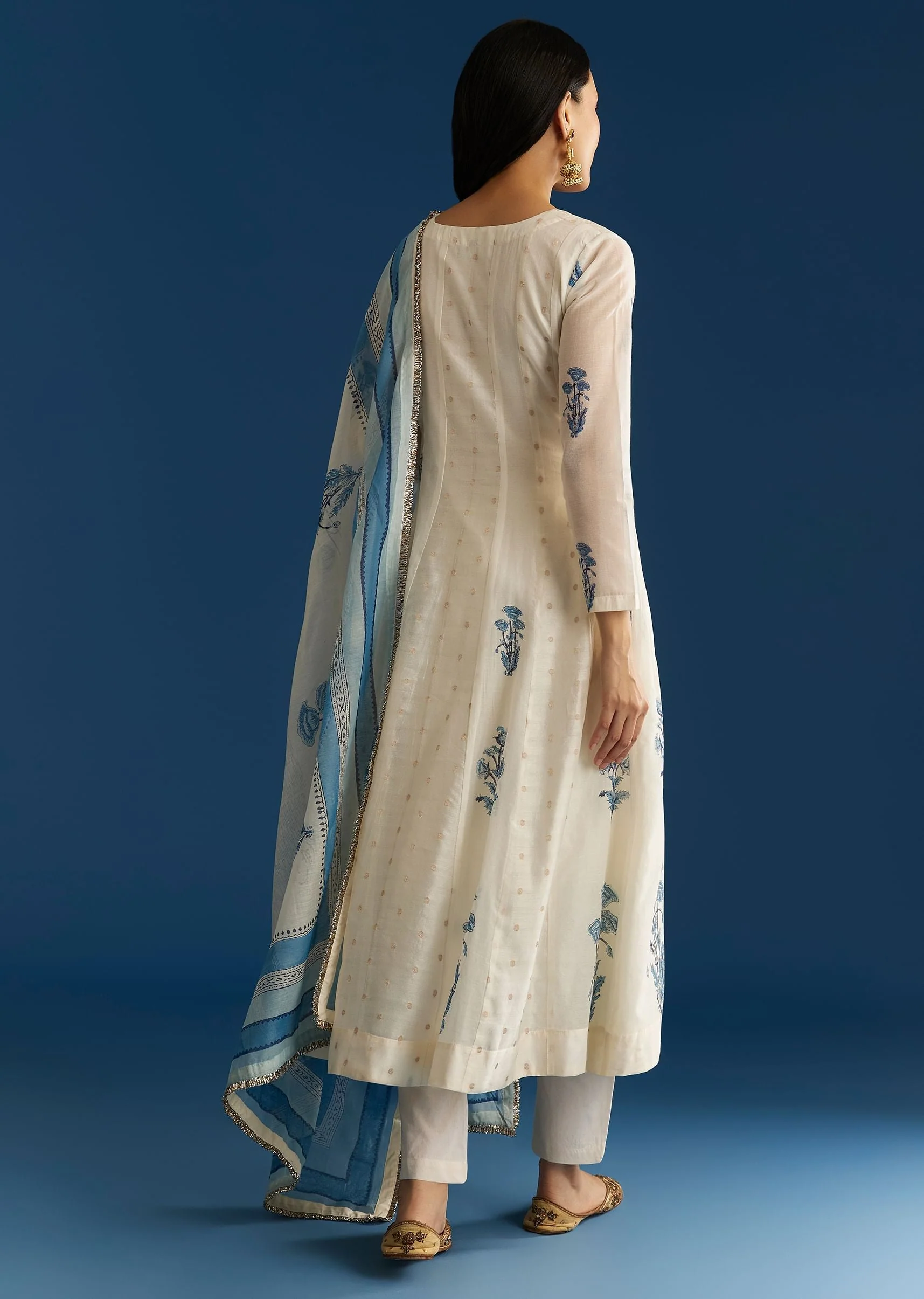 Off White Block Print Anarkali With Zardosi Yoke And Block Print Dupatta - Image 5