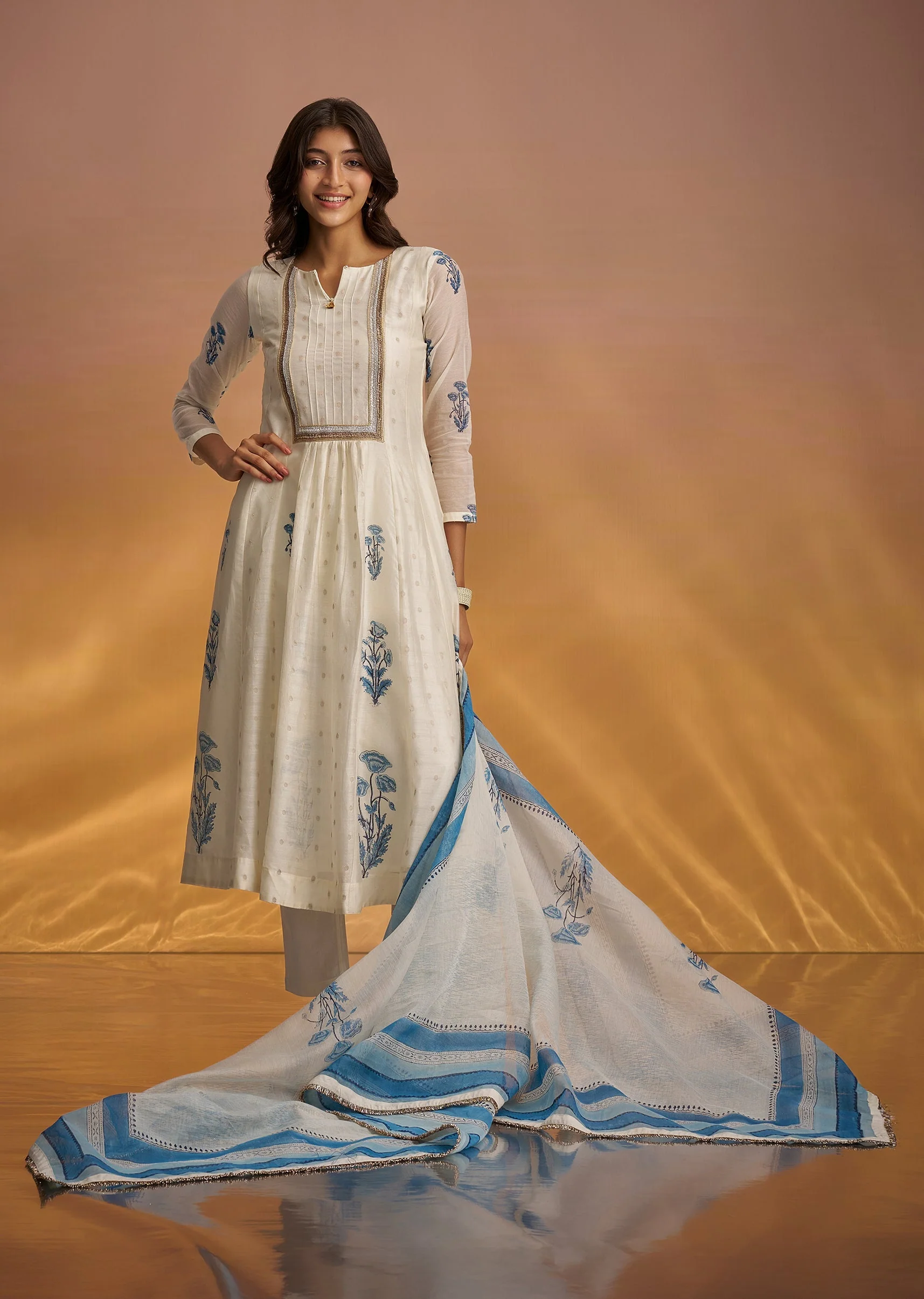 Off White Block Print Anarkali With Zardosi Yoke And Block Print Dupatta - Image 6