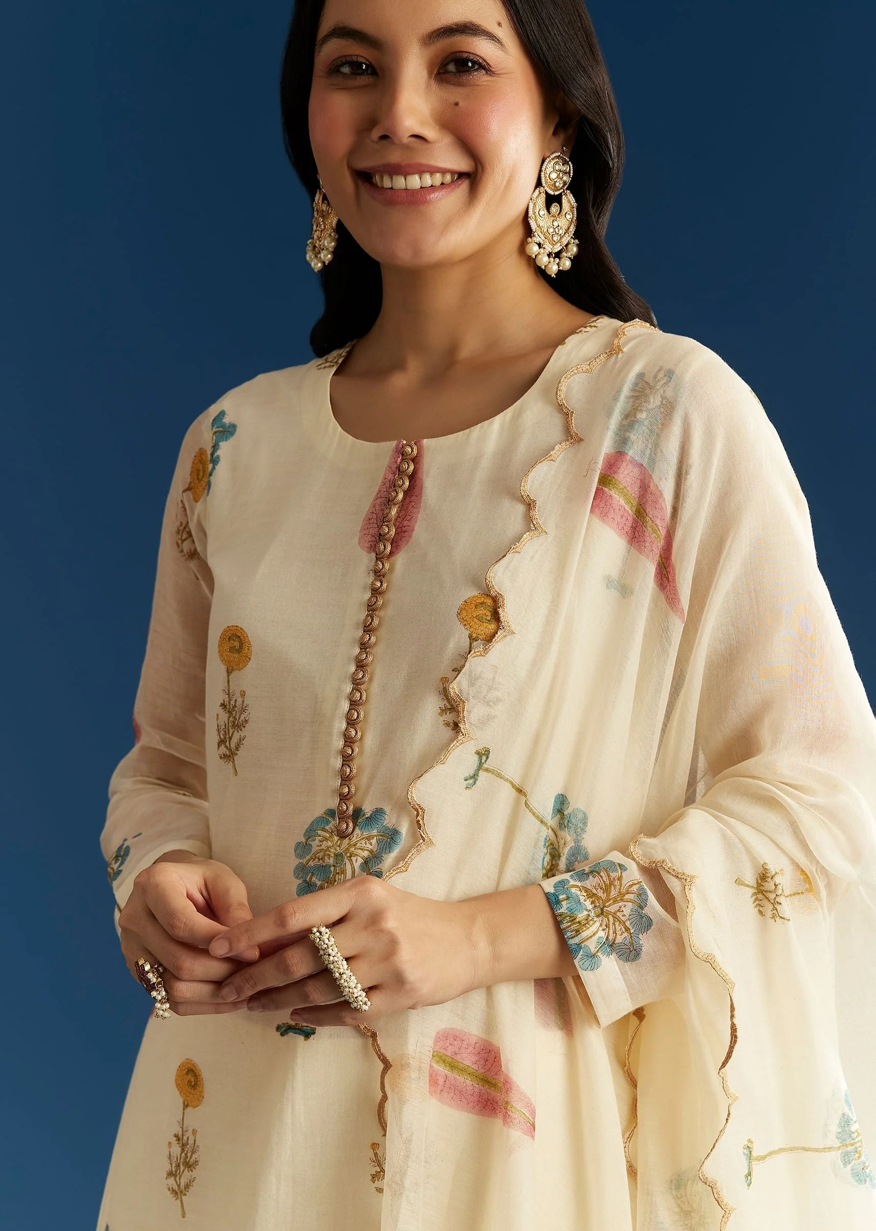 Off White Block Print Kurta And Dupatta Set In Mull Chanderi - Image 2
