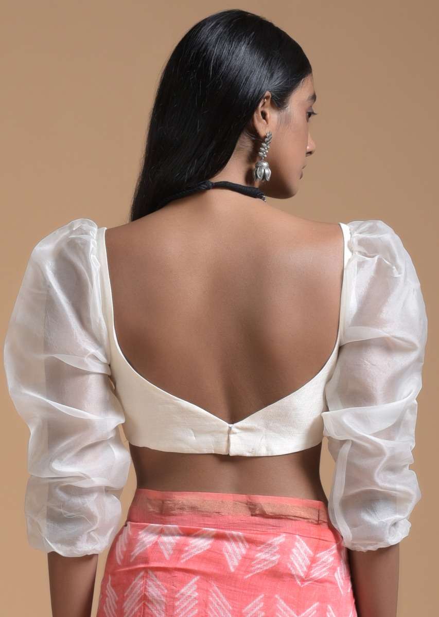 Off White Blouse In Raw Silk With Fancy Puffed Organza Sleeves And Sweetheart Neckline - Image 2