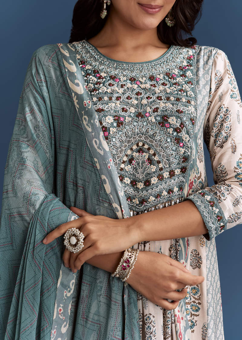 Off White Blue Muslin Anarkali With Print Detail - Image 2
