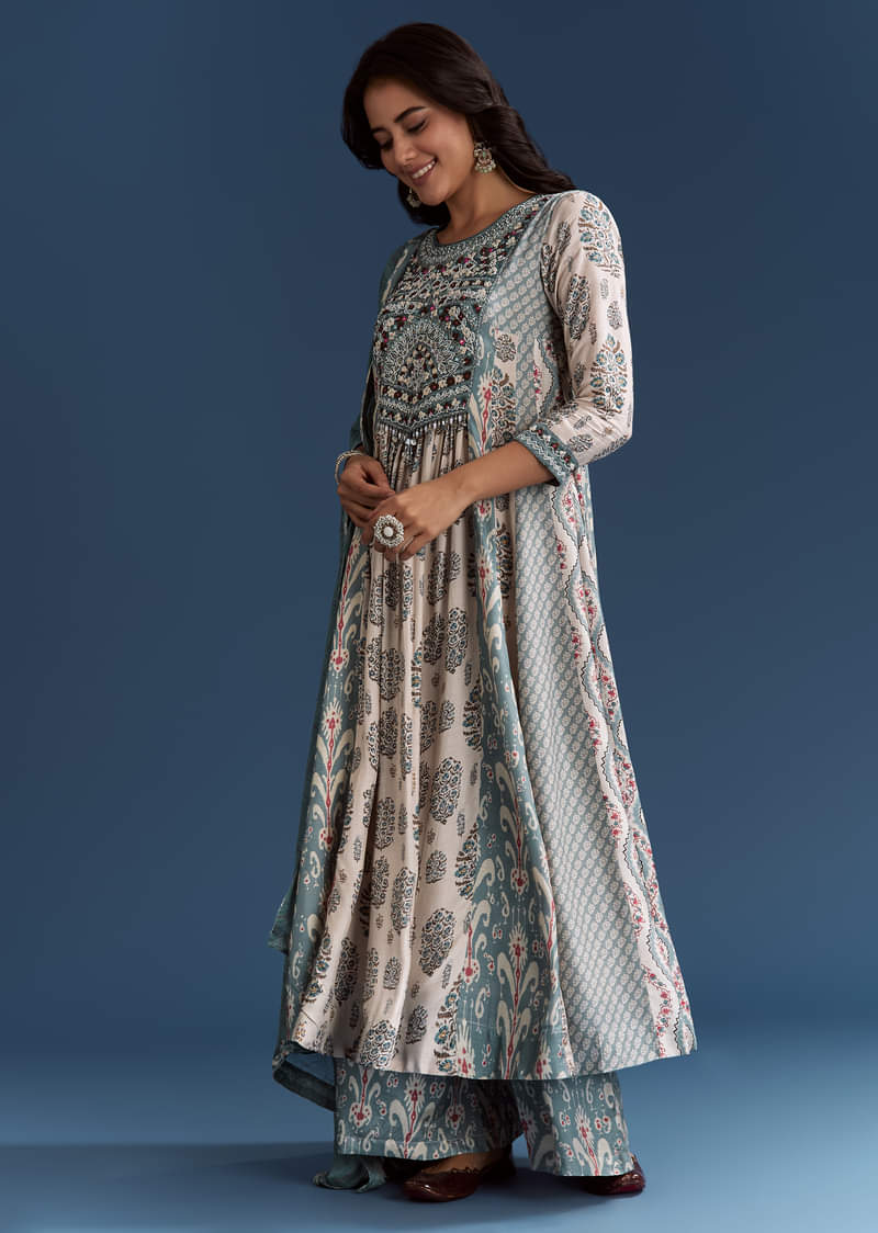 Off White Blue Muslin Anarkali With Print Detail - Image 3