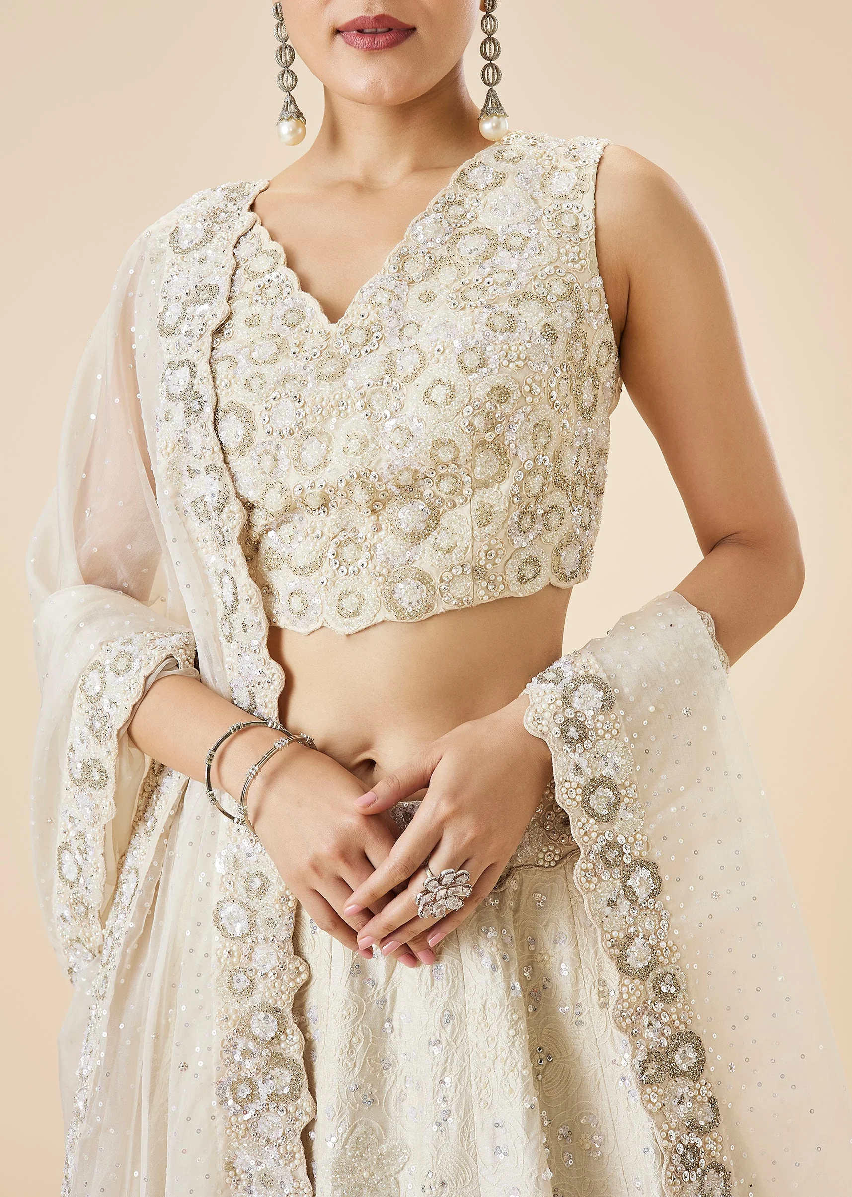 Off White Bridal Embroidered Lehenga Set With Dupatta - Image 3