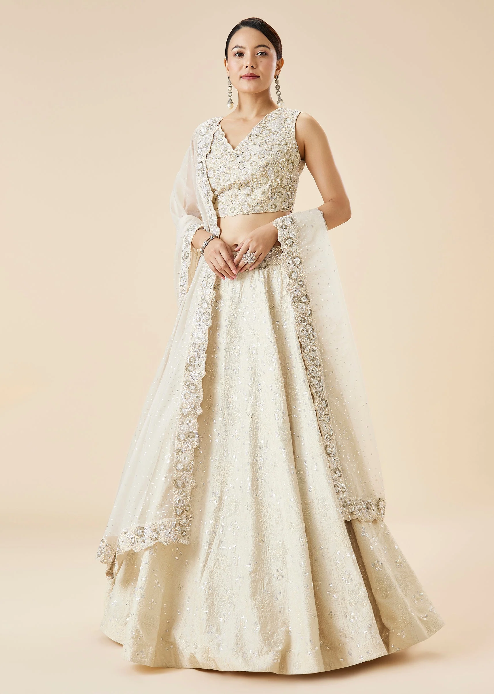 Off White Bridal Embroidered Lehenga Set With Dupatta - Image 4