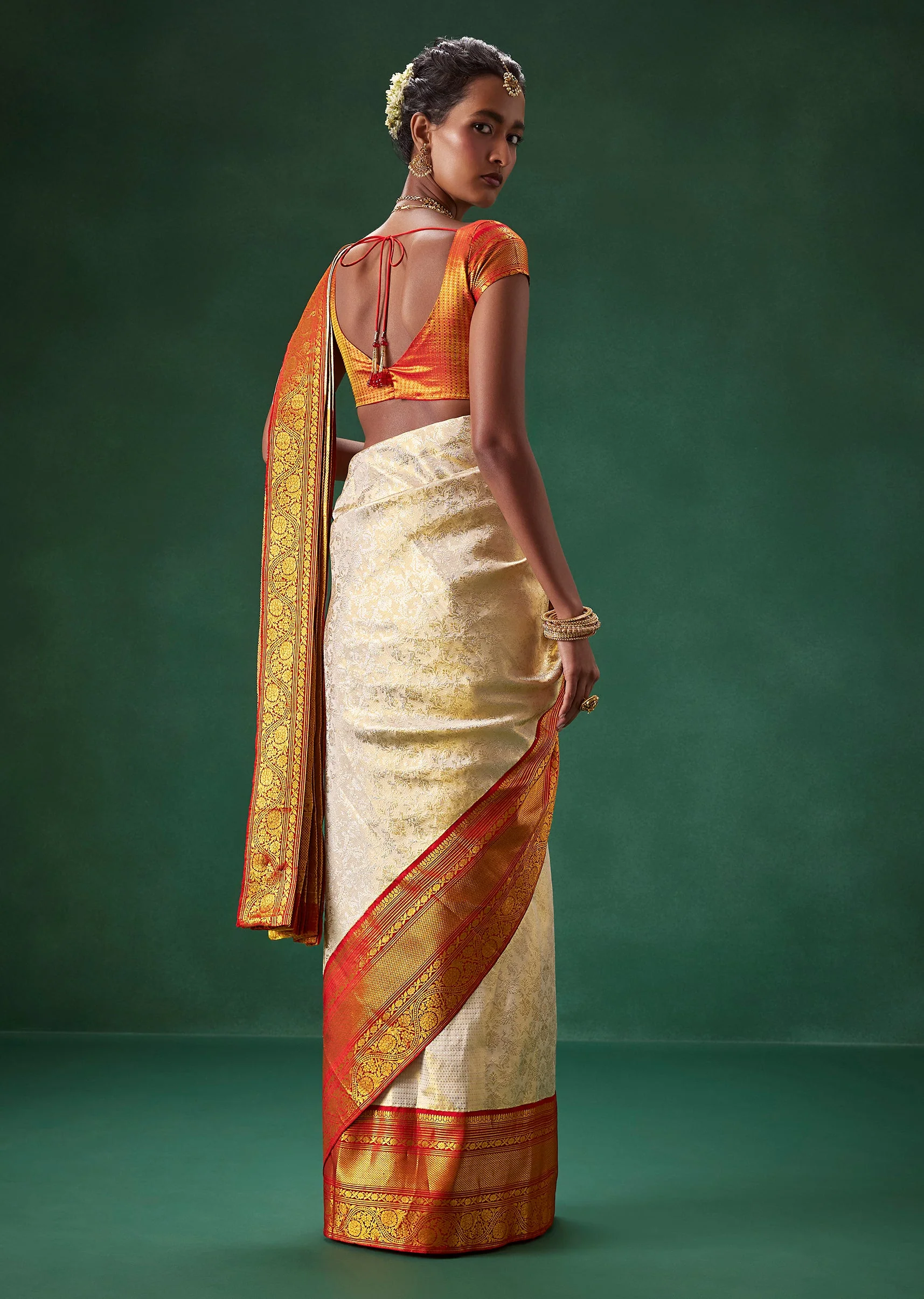 Off White Bridal Kanjivaram Saree with Unstitched Blouse - Image 2