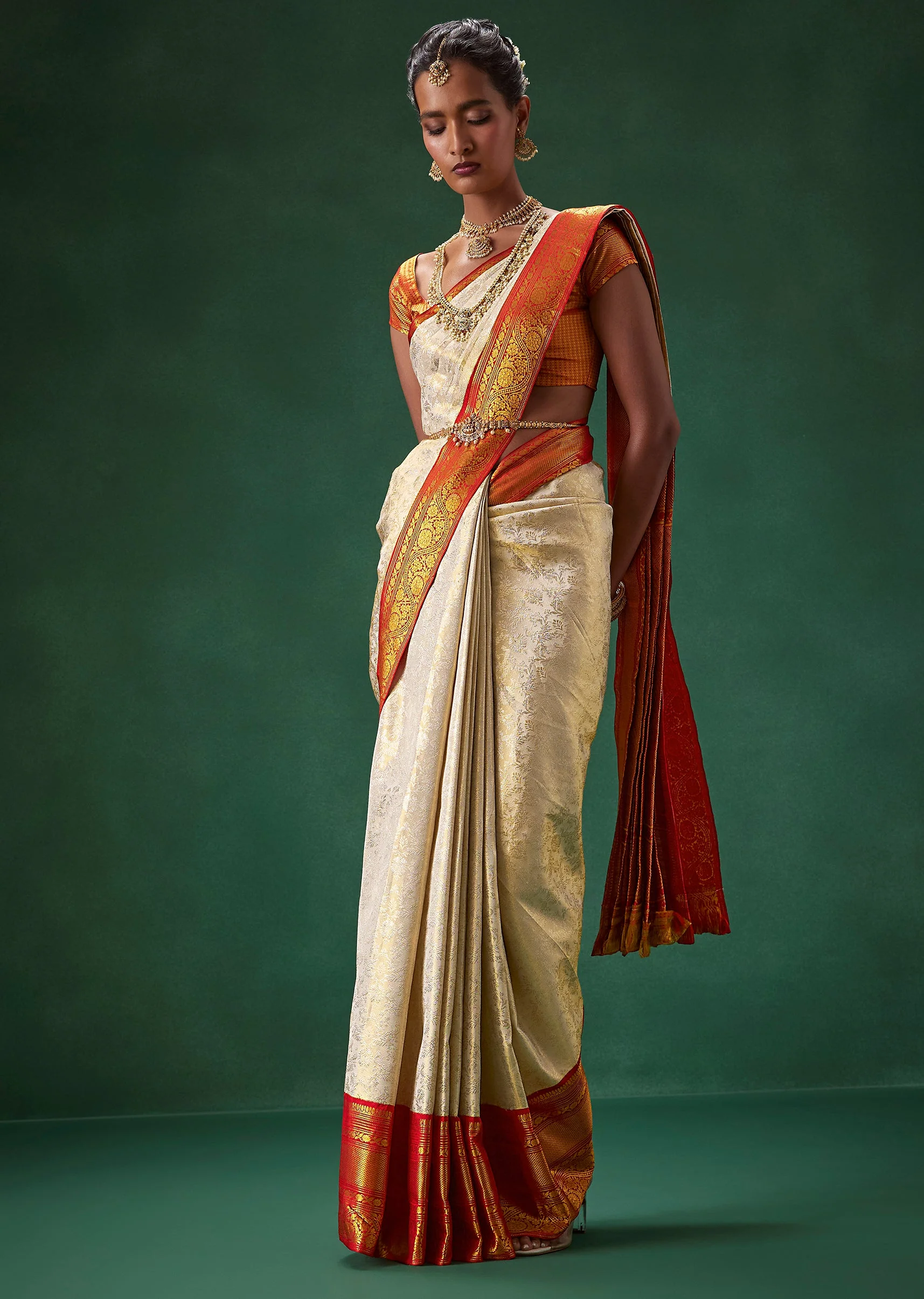 Off White Bridal Kanjivaram Saree with Unstitched Blouse - Image 4