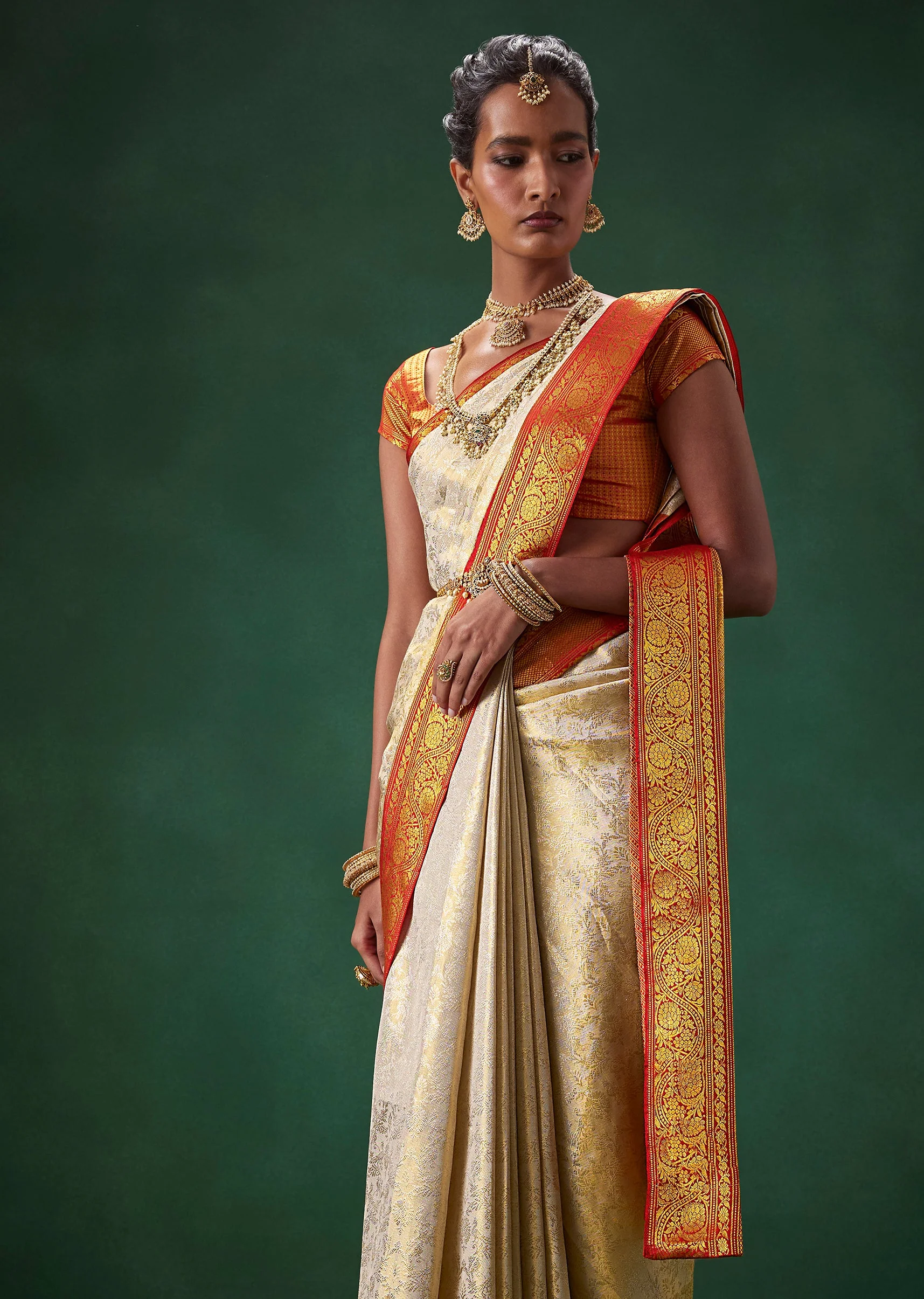 Off White Bridal Kanjivaram Saree with Unstitched Blouse - Image 6