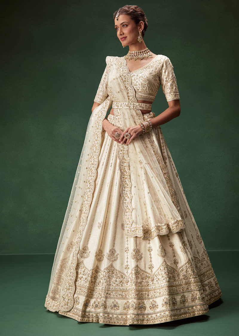 Off White Bridal Lehenga Set With Boat Neck Blouse And Regal Zari Work - Image 4
