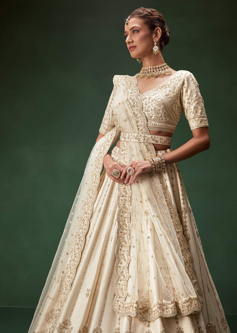 Off White Bridal Lehenga Set With Boat Neck Blouse And Regal Zari Work - Image 5