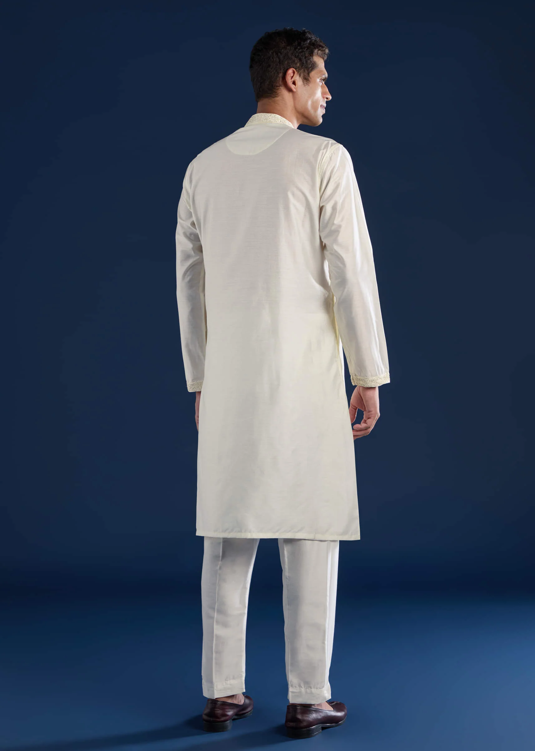 Off White Chanderi Kashmiri Work Mens Kurta and Pant Set - Image 5