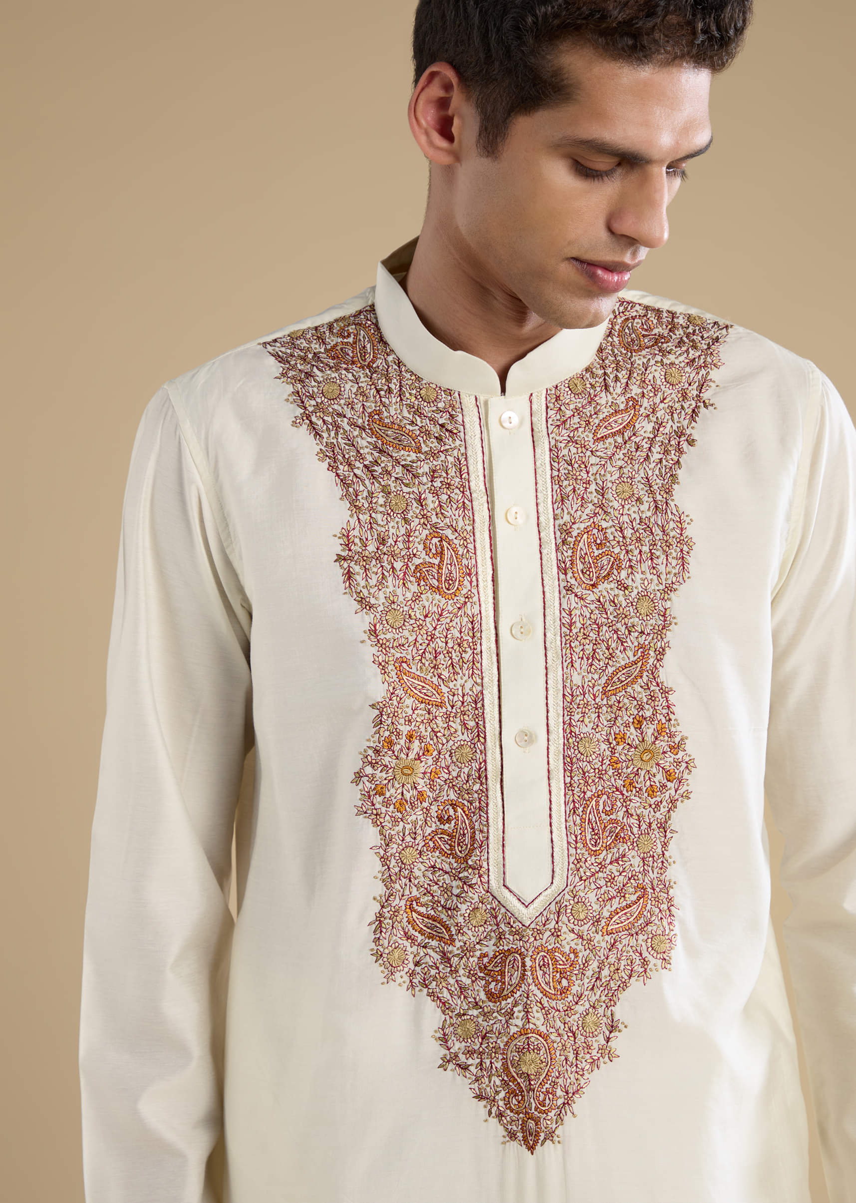 Off White Chanderi Kurta Set with Kashmiri Hand Work - Image 2
