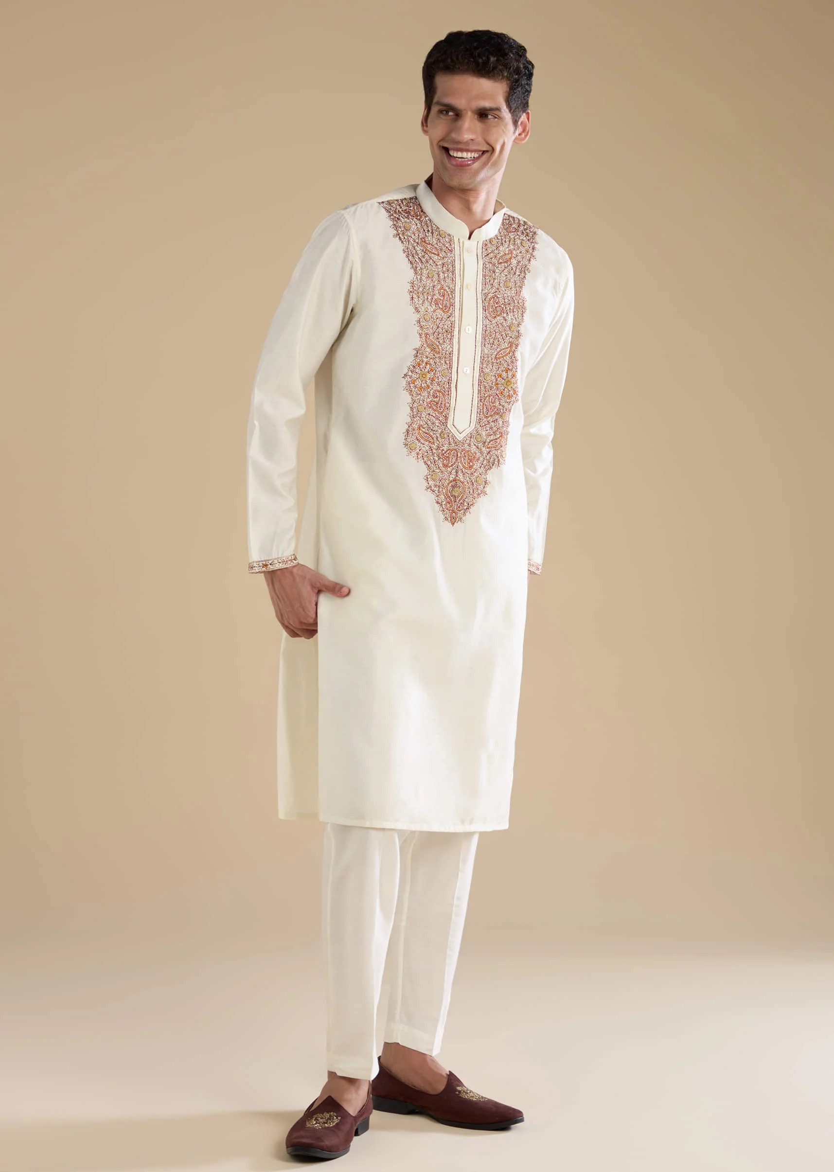 Off White Chanderi Kurta Set with Kashmiri Hand Work - Image 3