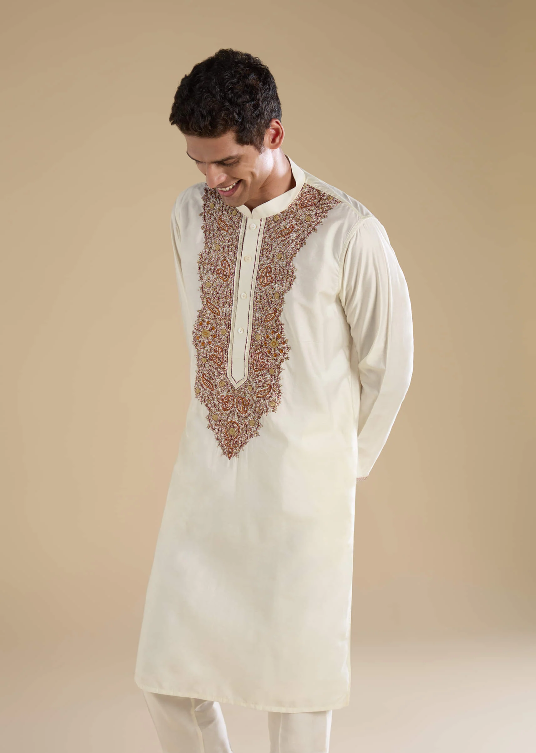 Off White Chanderi Kurta Set with Kashmiri Hand Work - Image 4