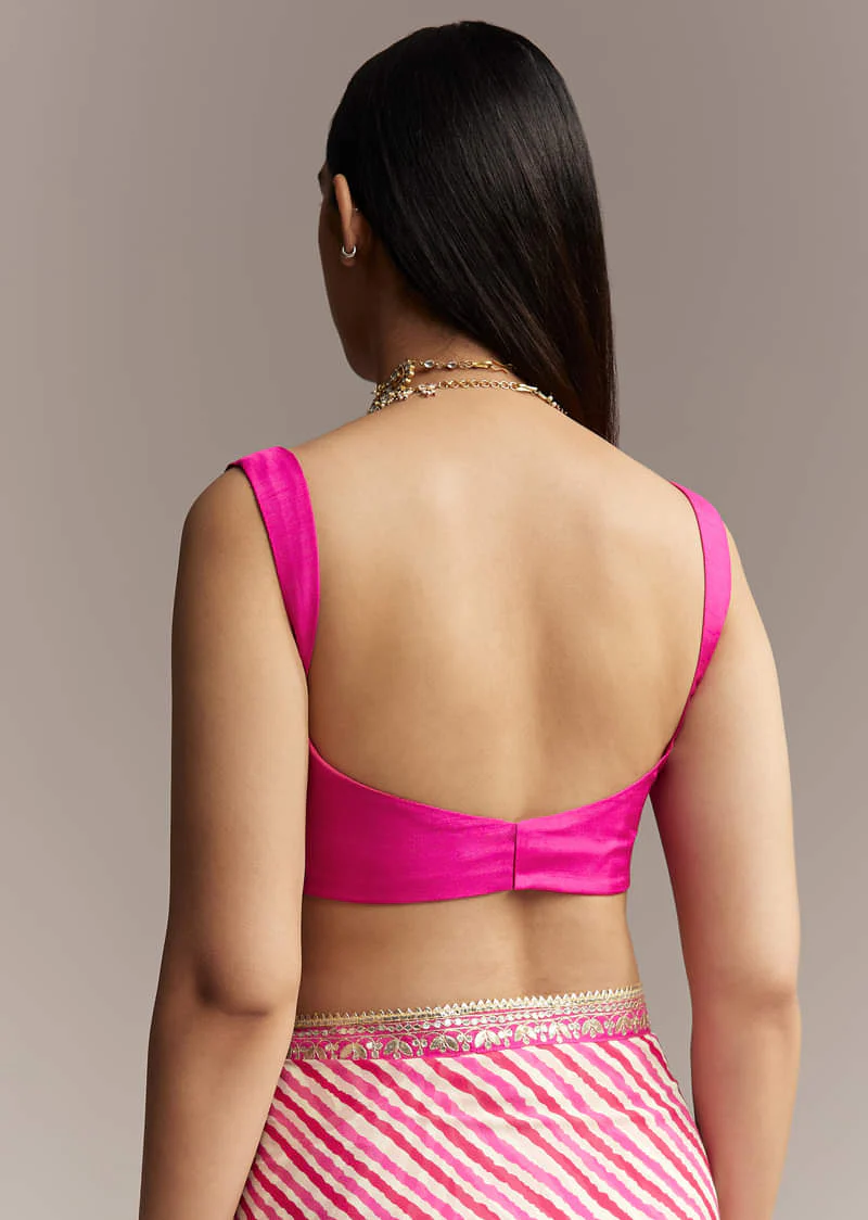 Off White Chinnon Saree With Pink Striped Print And Gota Detailing - Image 8