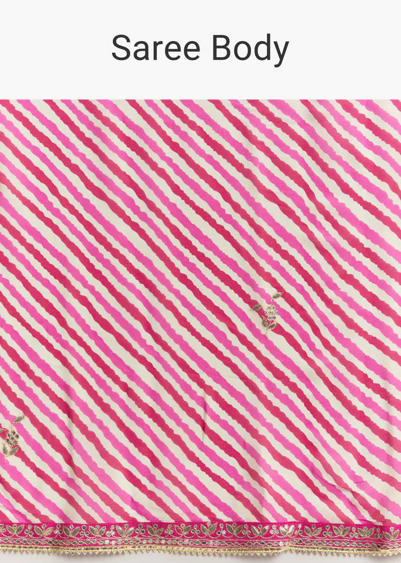 Off White Chinnon Saree With Pink Striped Print And Gota Detailing - Image 9