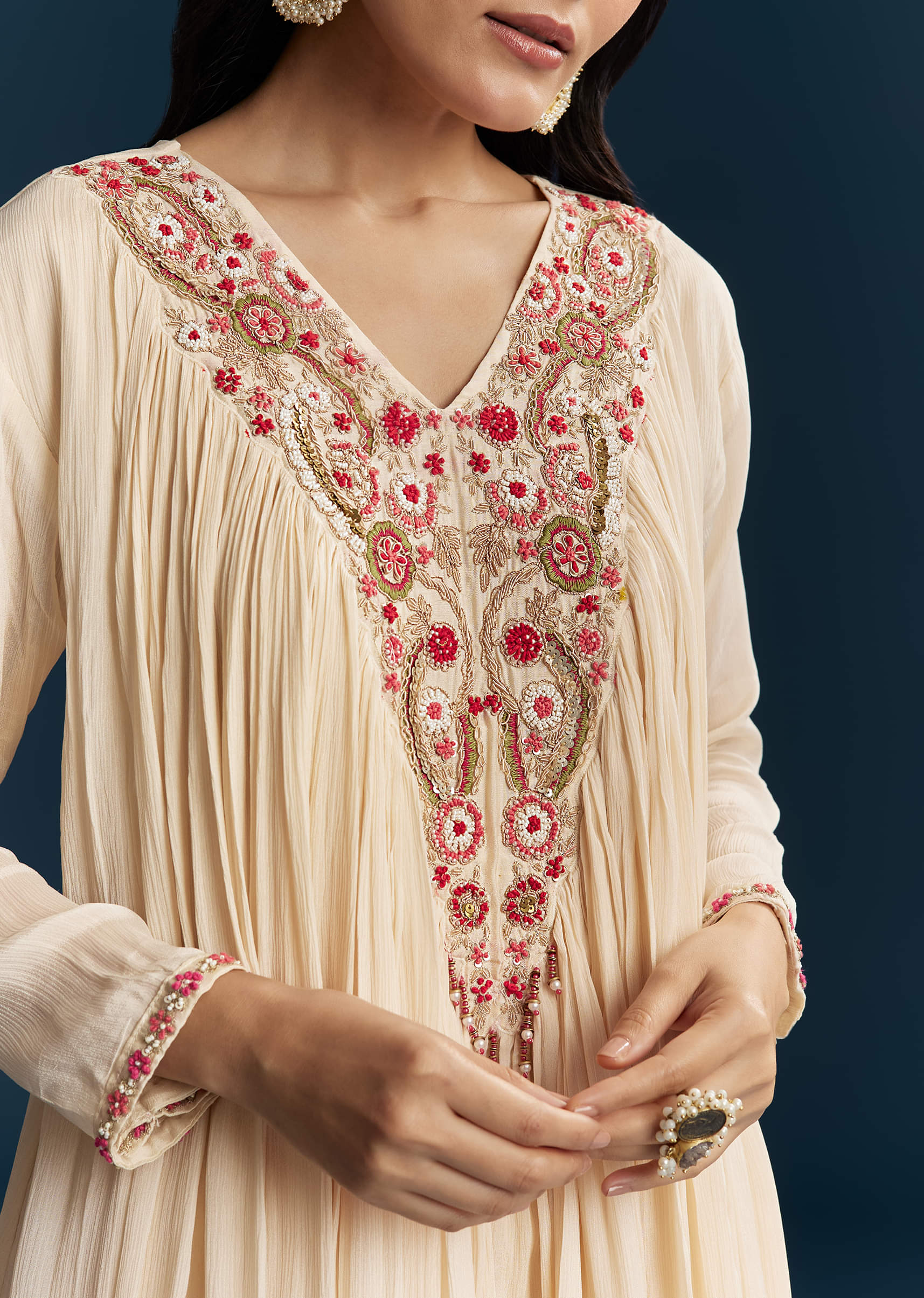 Off White Chinon Indo Western Top And Sharara Set With Zardosi Work - Image 2