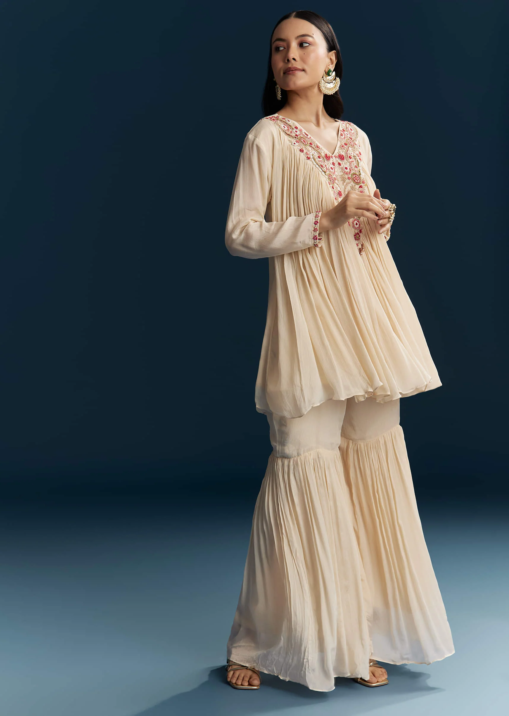Off White Chinon Indo Western Top And Sharara Set With Zardosi Work - Image 3