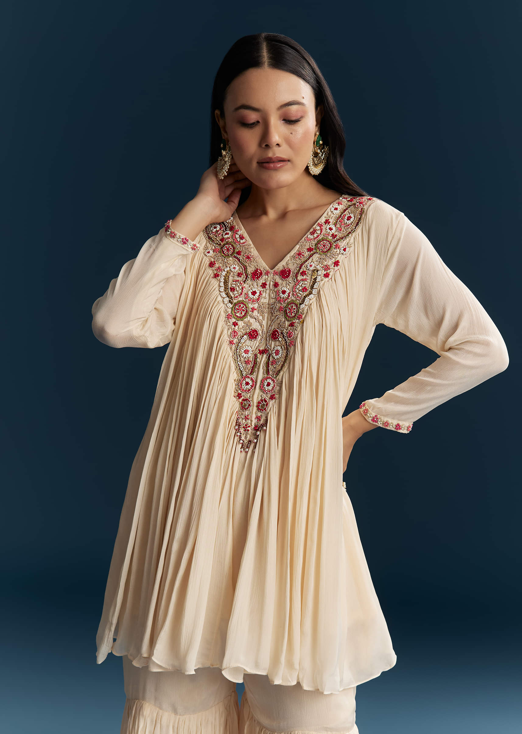 Off White Chinon Indo Western Top And Sharara Set With Zardosi Work - Image 4