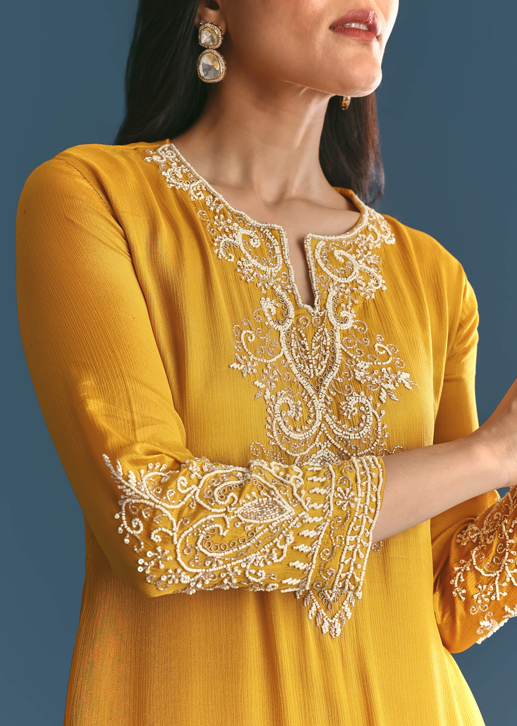 Off White Chinon Skirt Set With Yellow Moti Embroidered Kurta - Image 2