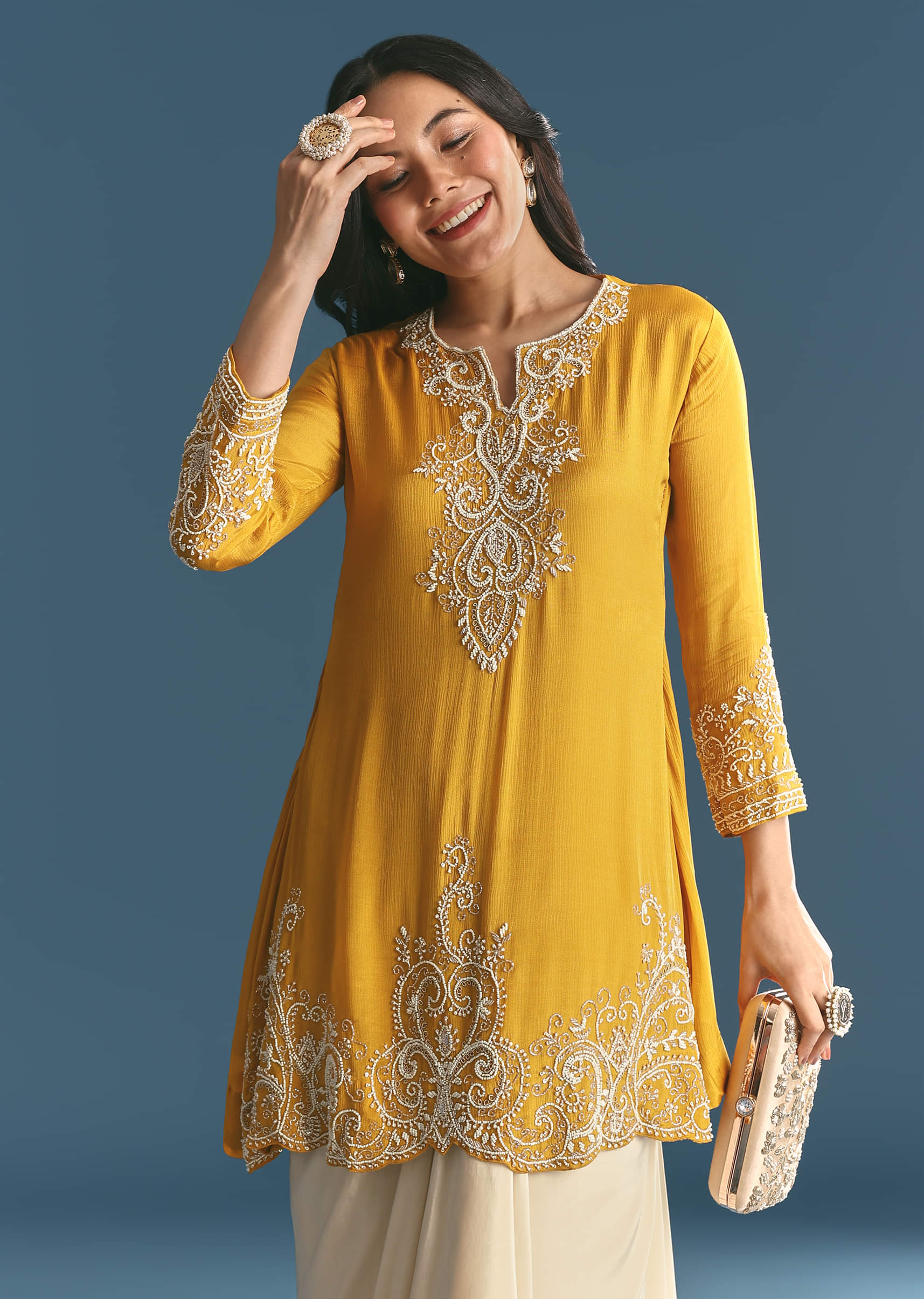 Off White Chinon Skirt Set With Yellow Moti Embroidered Kurta - Image 4