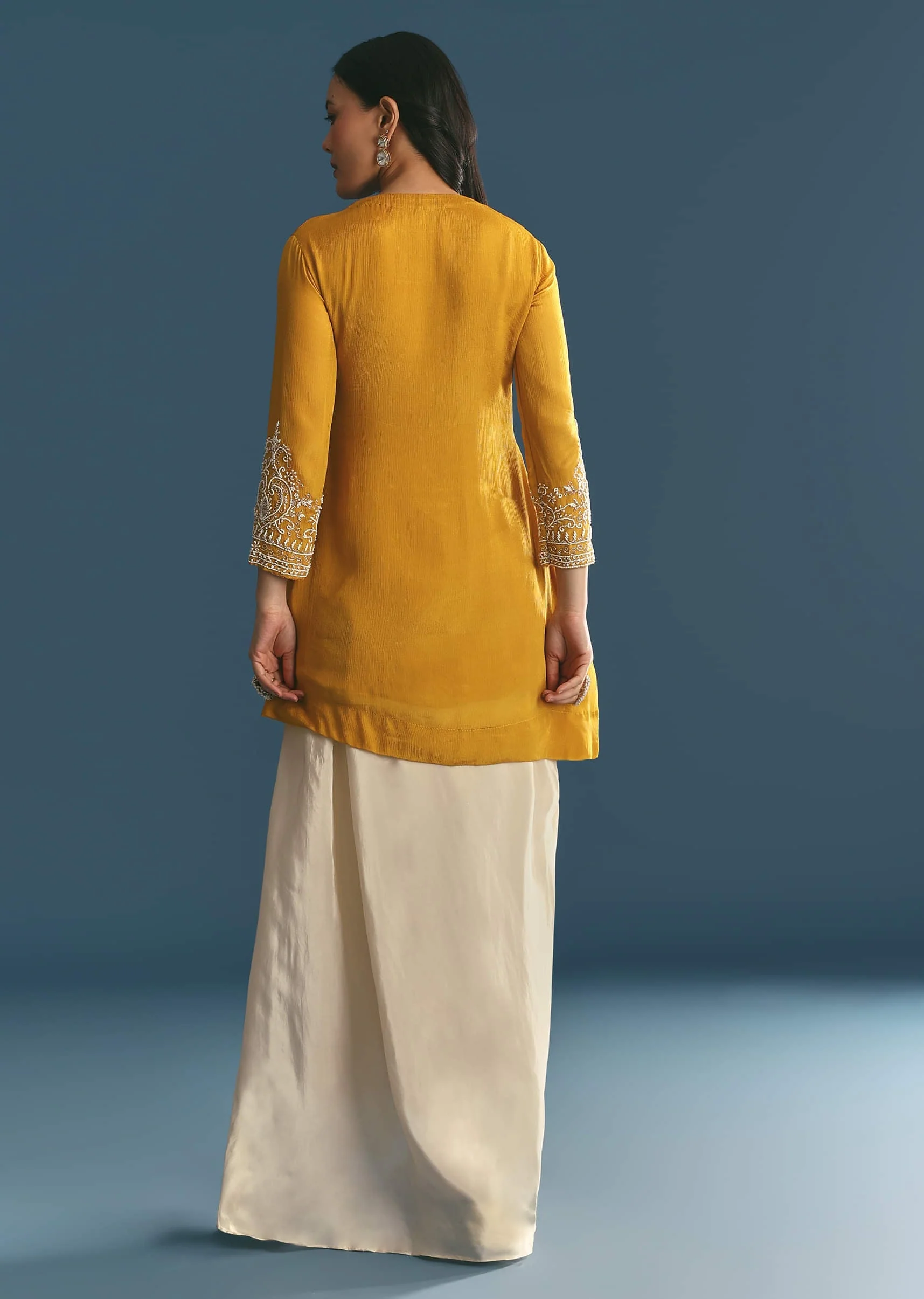 Off White Chinon Skirt Set With Yellow Moti Embroidered Kurta - Image 5