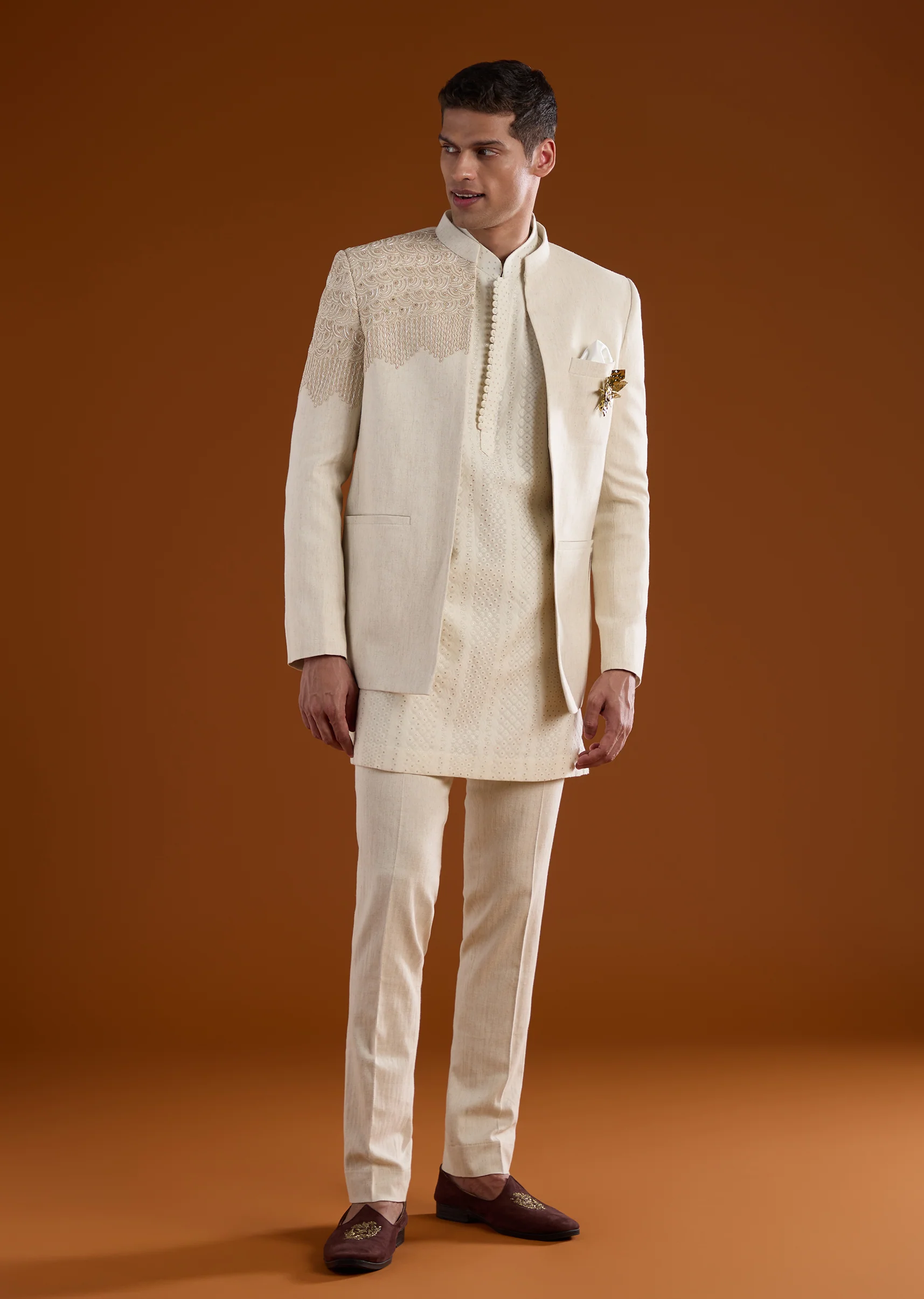 Off White Classic Kurta Jacket Set - Image 3